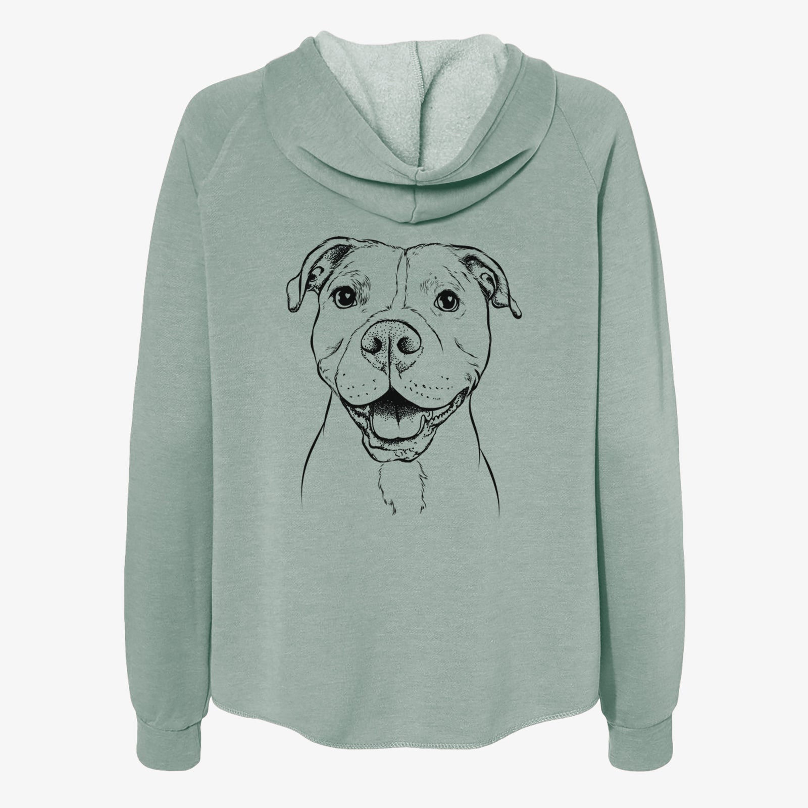 Hand-drawn sketch of Roscoe the Pitbull on a Sage Women's cali wave zip-up sweatshirt