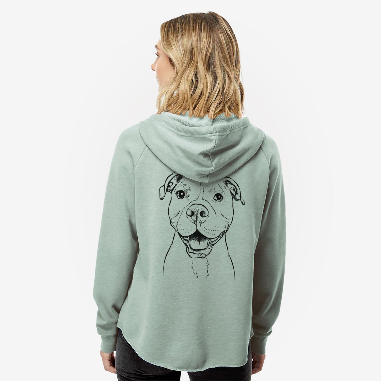Hand-drawn sketch of Roscoe the Pitbull on a Sage Women's cali wave zip-up sweatshirt