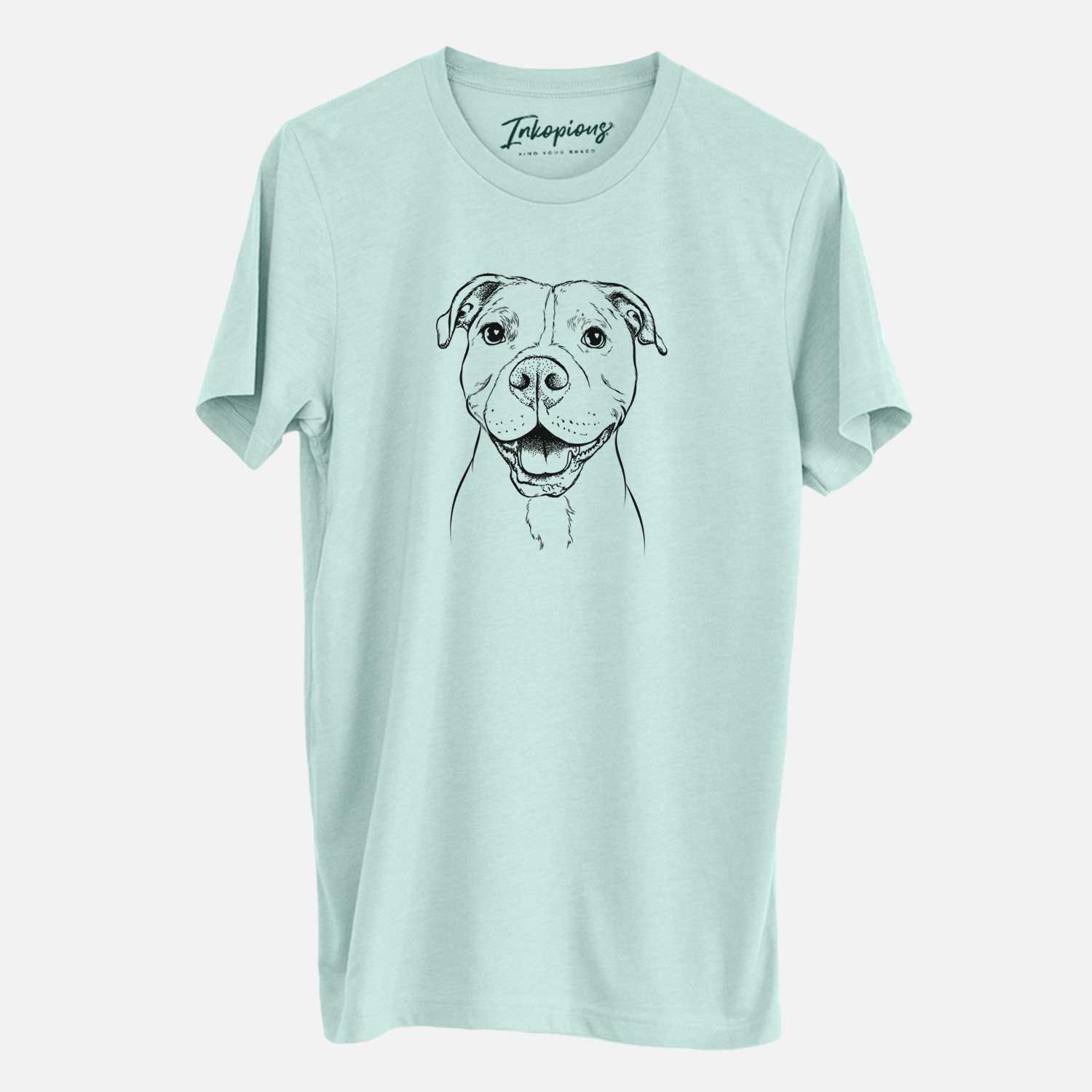 Hand-drawn sketch of Roscoe the Pitbull on a Heather Sage Unisex crewneck