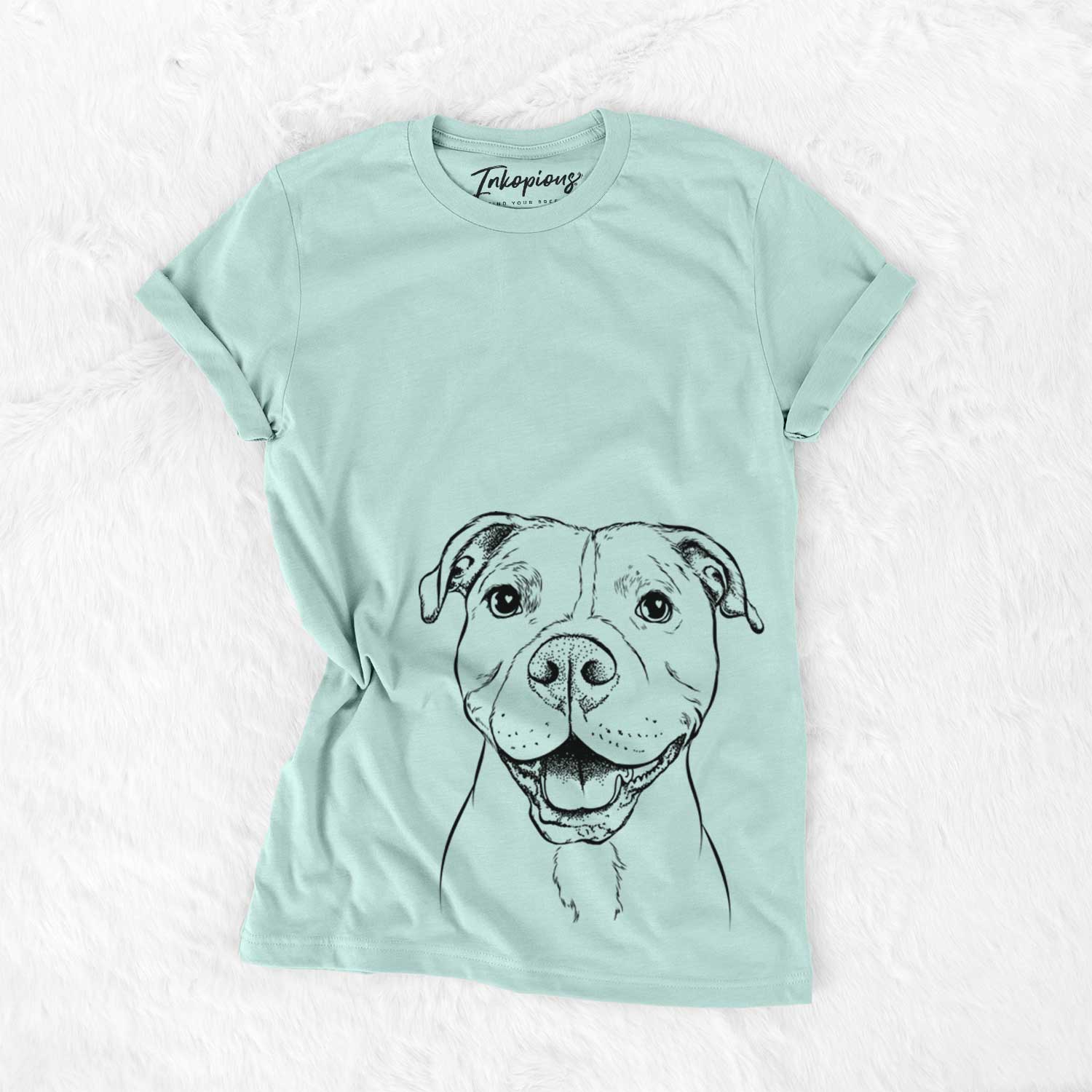 Hand-drawn sketch of Roscoe the Pitbull on a Heather Sage Bella Canvas Unisex Crewneck
