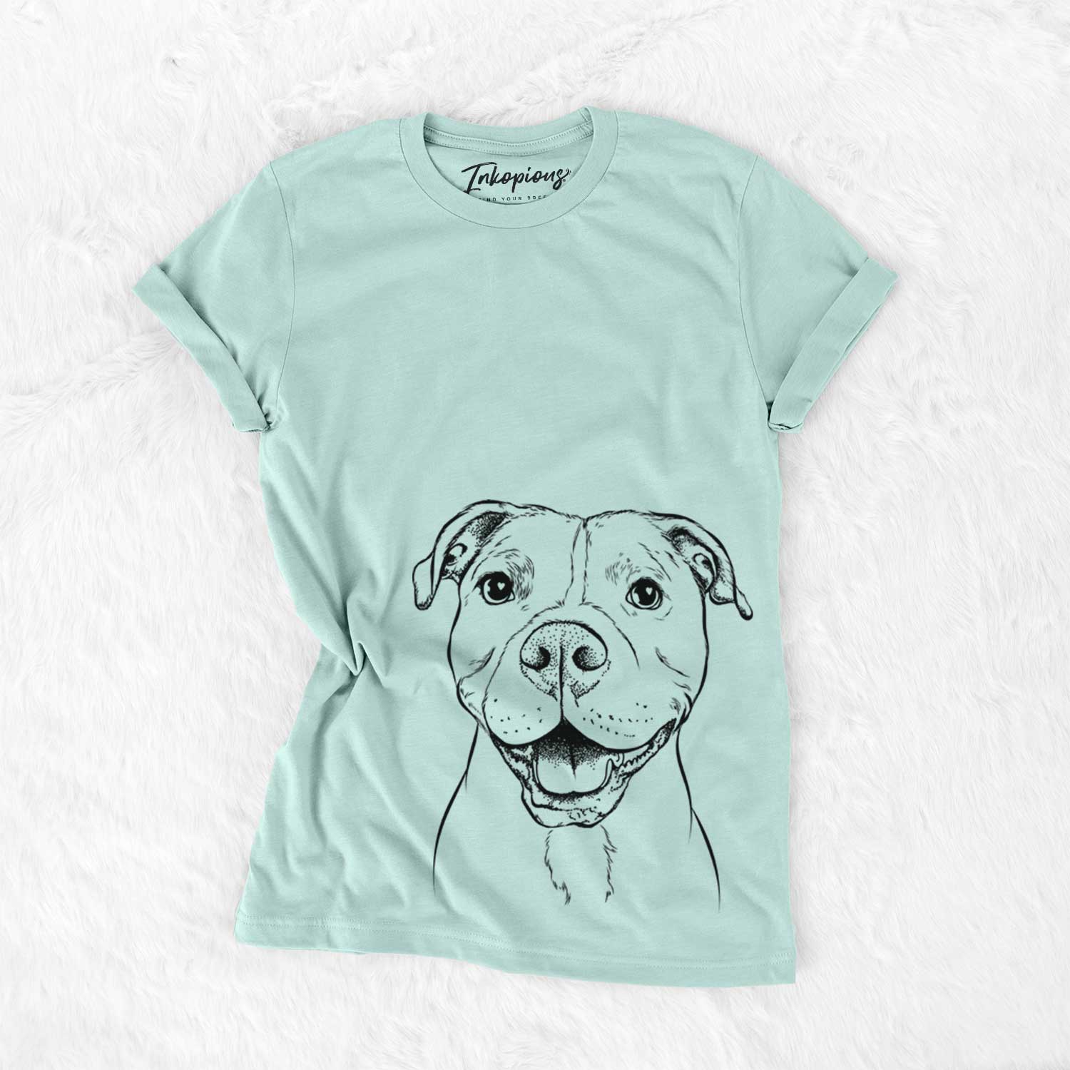 Hand-drawn sketch of Roscoe the Pitbull on a Heather Sage Unisex crewneck