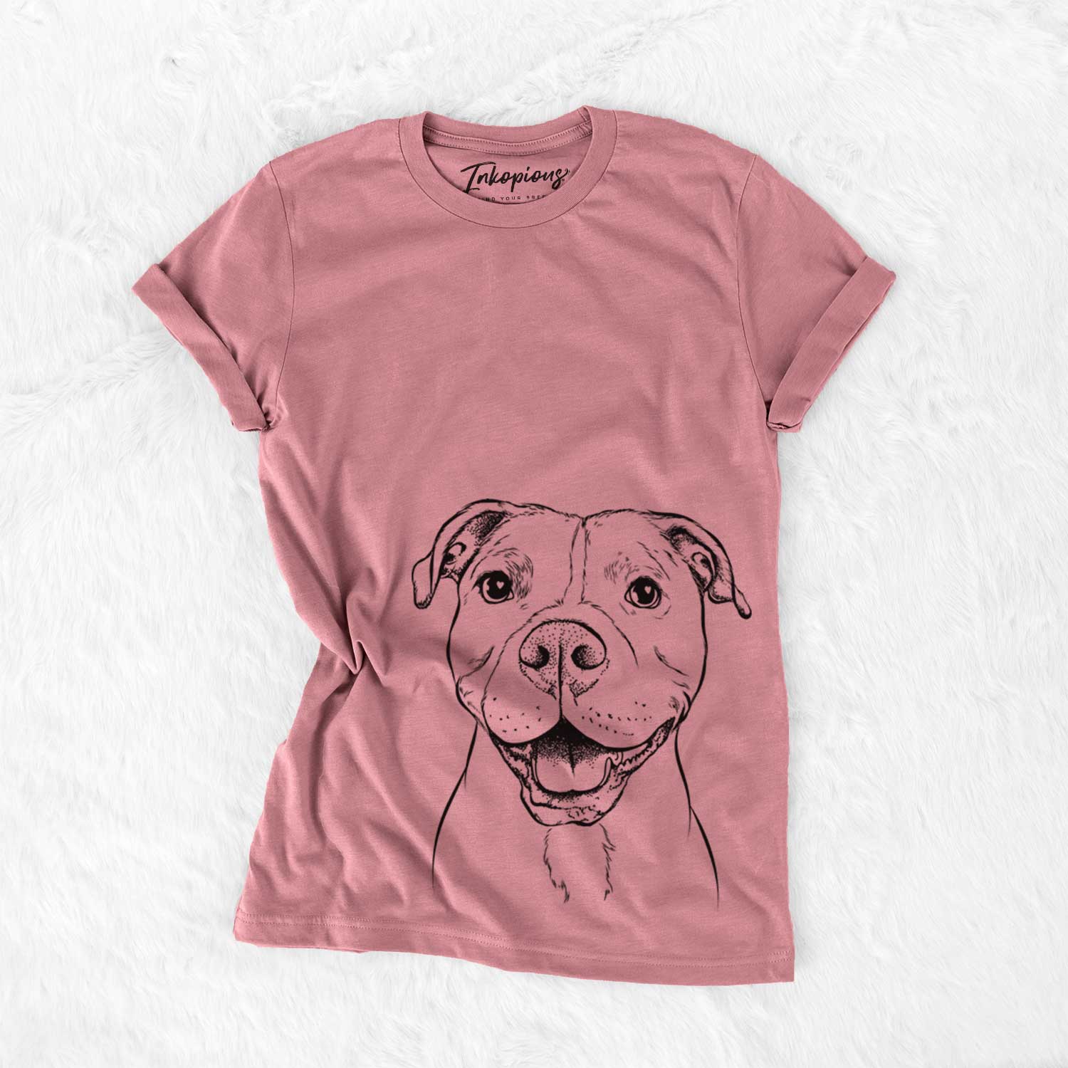 Hand-drawn sketch of Roscoe the Pitbull on a Mauve Unisex crewneck