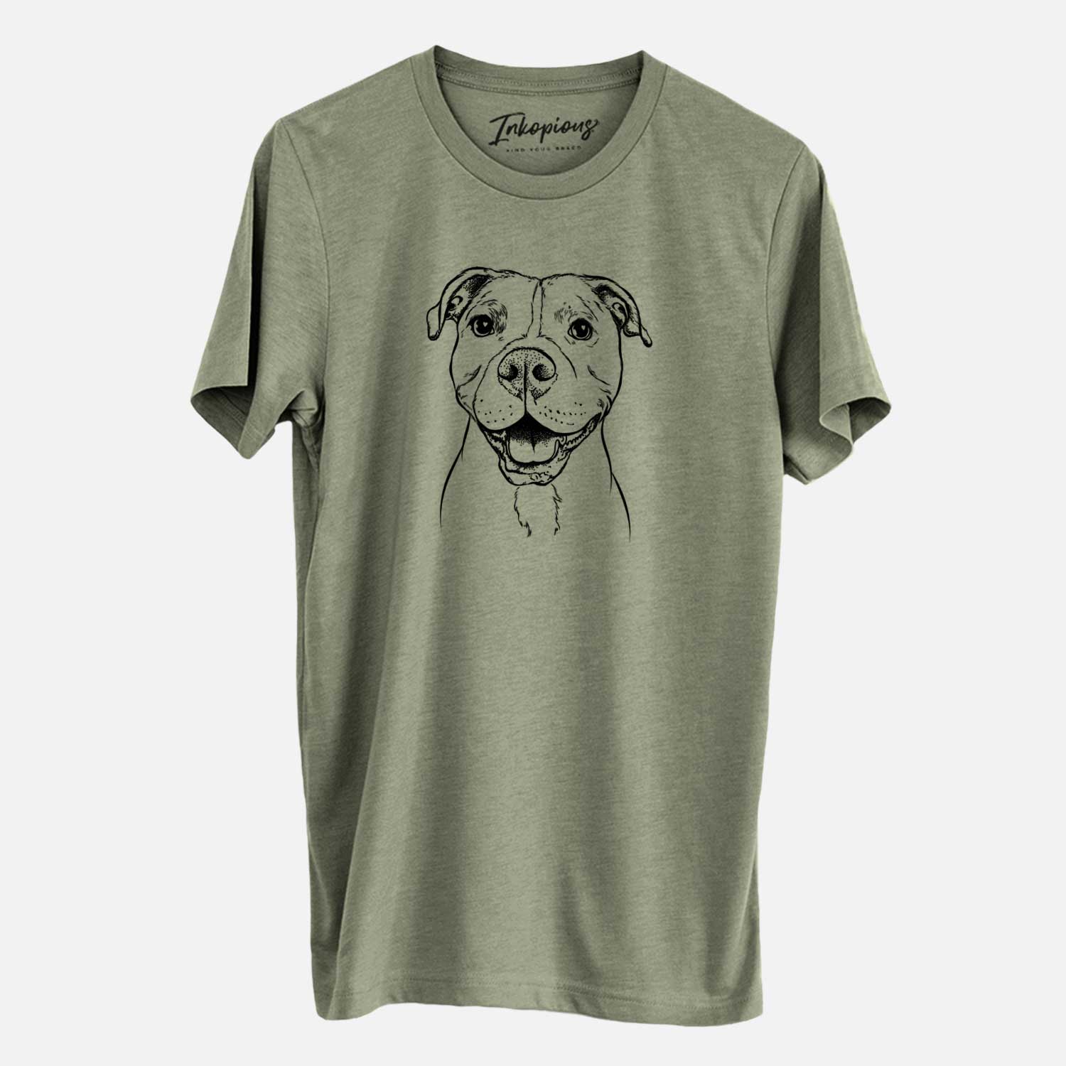 Hand-drawn sketch of Roscoe the Pitbull on an Olive Unisex crewneck