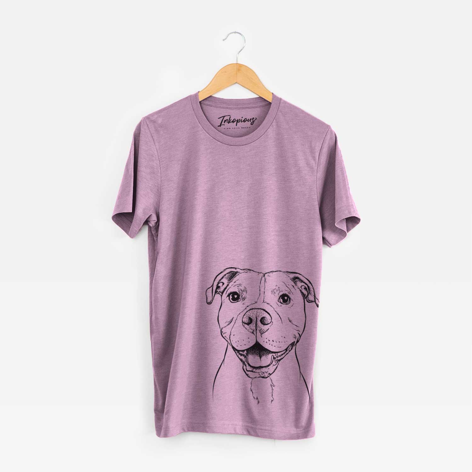 Hand-drawn sketch of Roscoe the Pitbull on an Orchid Bella Canvas Unisex Crewneck