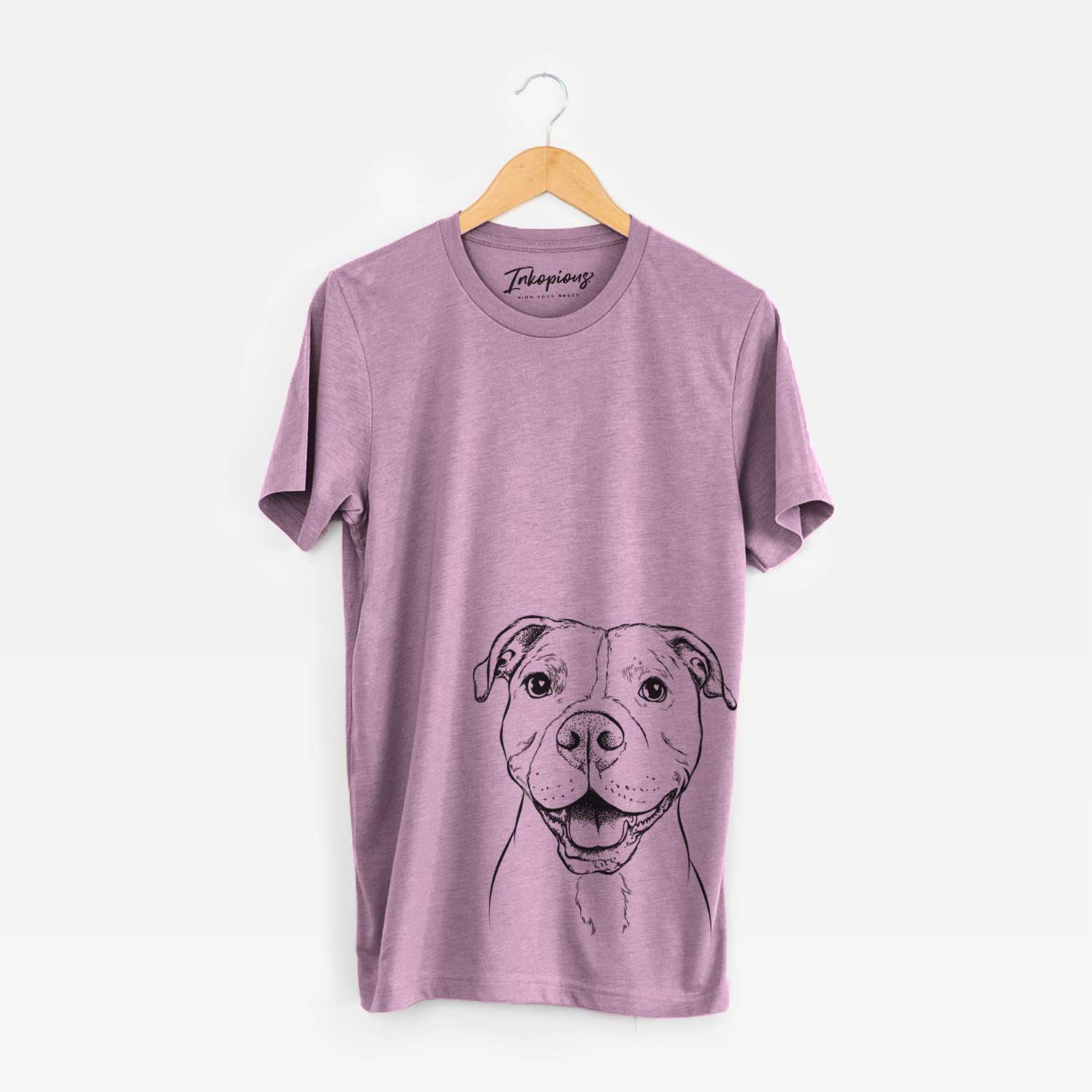 Hand-drawn sketch of Roscoe the Pitbull on an Orchid Unisex crewneck