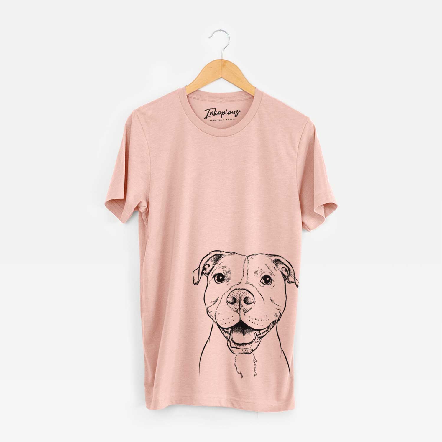 Hand-drawn sketch of Roscoe the Pitbull on a Peach Bella Canvas Unisex Crewneck