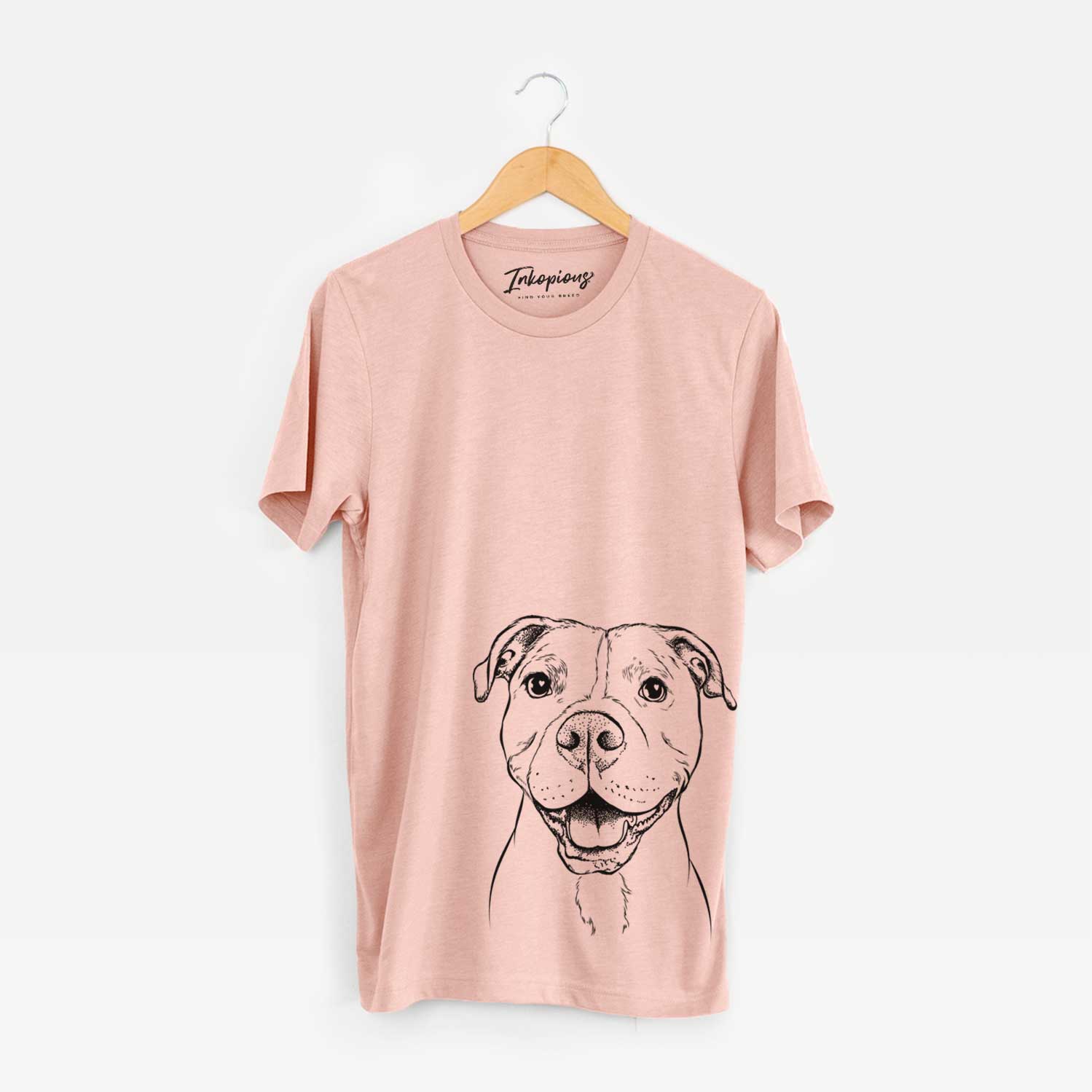 Hand-drawn sketch of Roscoe the Pitbull on a Peach Unisex crewneck