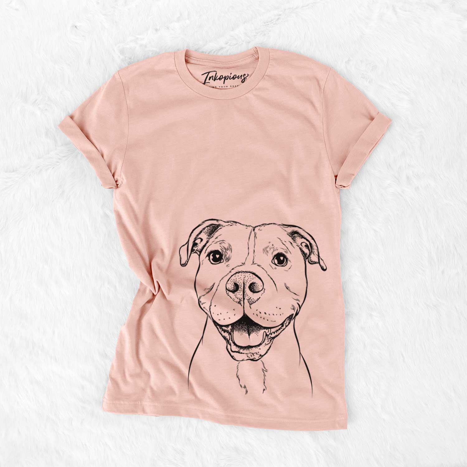 Hand-drawn sketch of Roscoe the Pitbull on a Peach Bella Canvas Unisex Crewneck