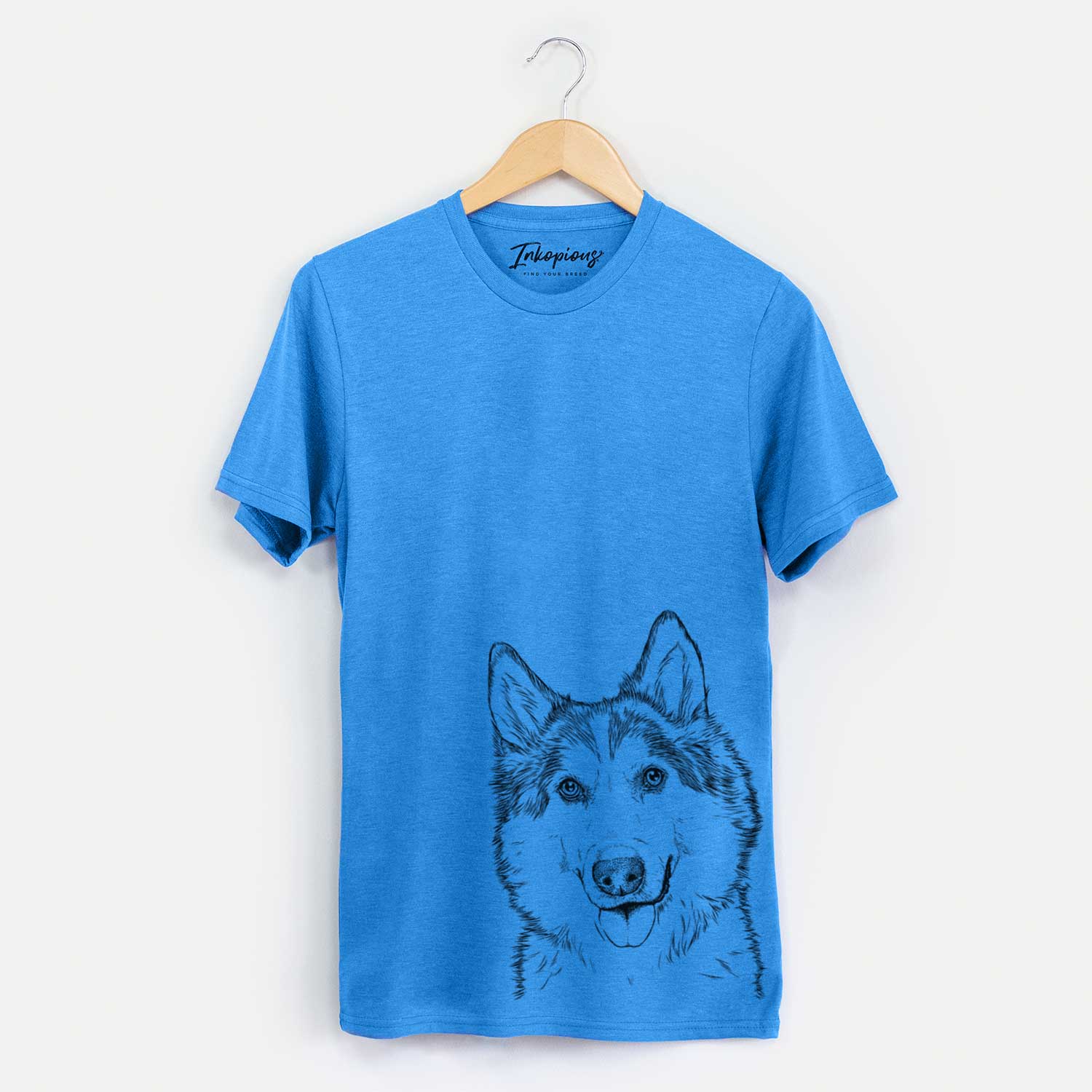 Hand-drawn sketch of Roshi the Mixed Breed on a Blue Unisex crewneck