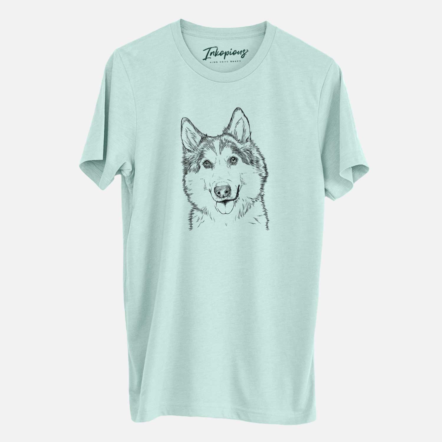 Hand-drawn sketch of Roshi the Mixed Breed on a Heather Sage Unisex crewneck
