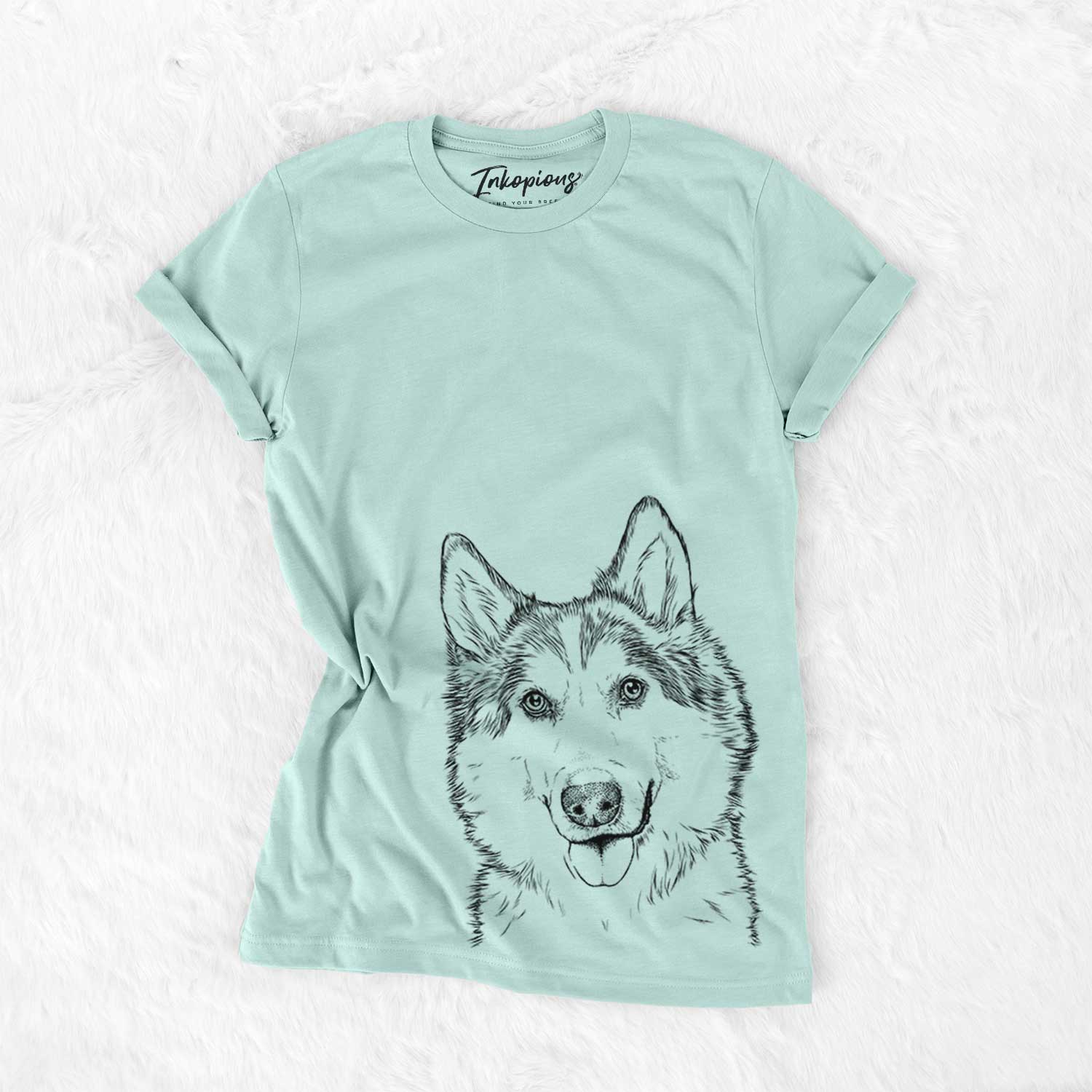 Hand-drawn sketch of Roshi the Mixed Breed on a Heather Sage Bella Canvas Unisex Crewneck