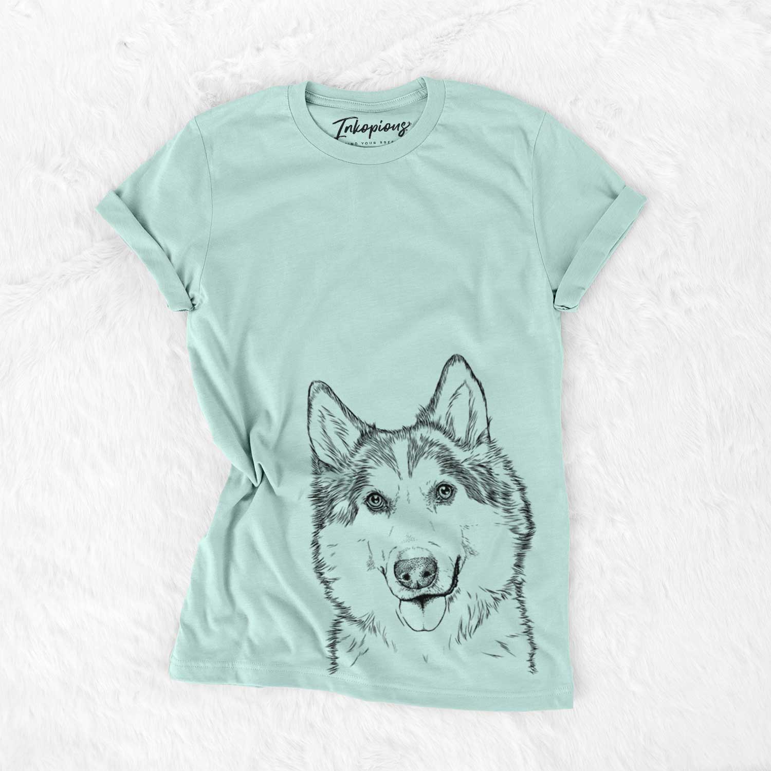 Hand-drawn sketch of Roshi the Mixed Breed on a Heather Sage Unisex crewneck