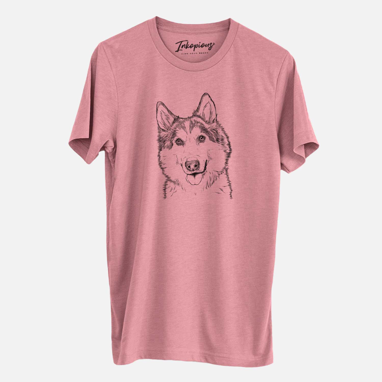 Hand-drawn sketch of Roshi the Mixed Breed on a Mauve Unisex crewneck