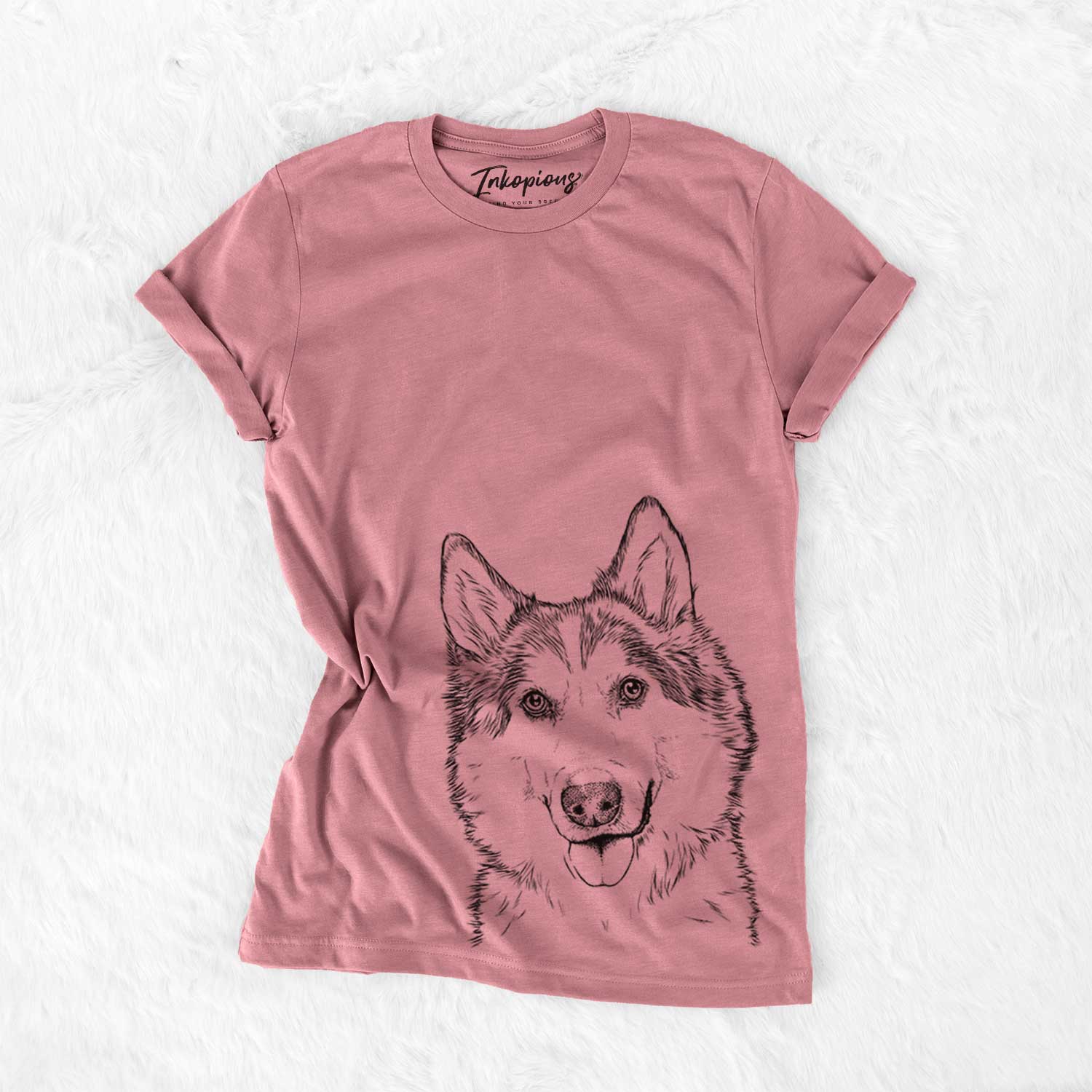 Hand-drawn sketch of Roshi the Mixed Breed on a Mauve Bella Canvas Unisex Crewneck