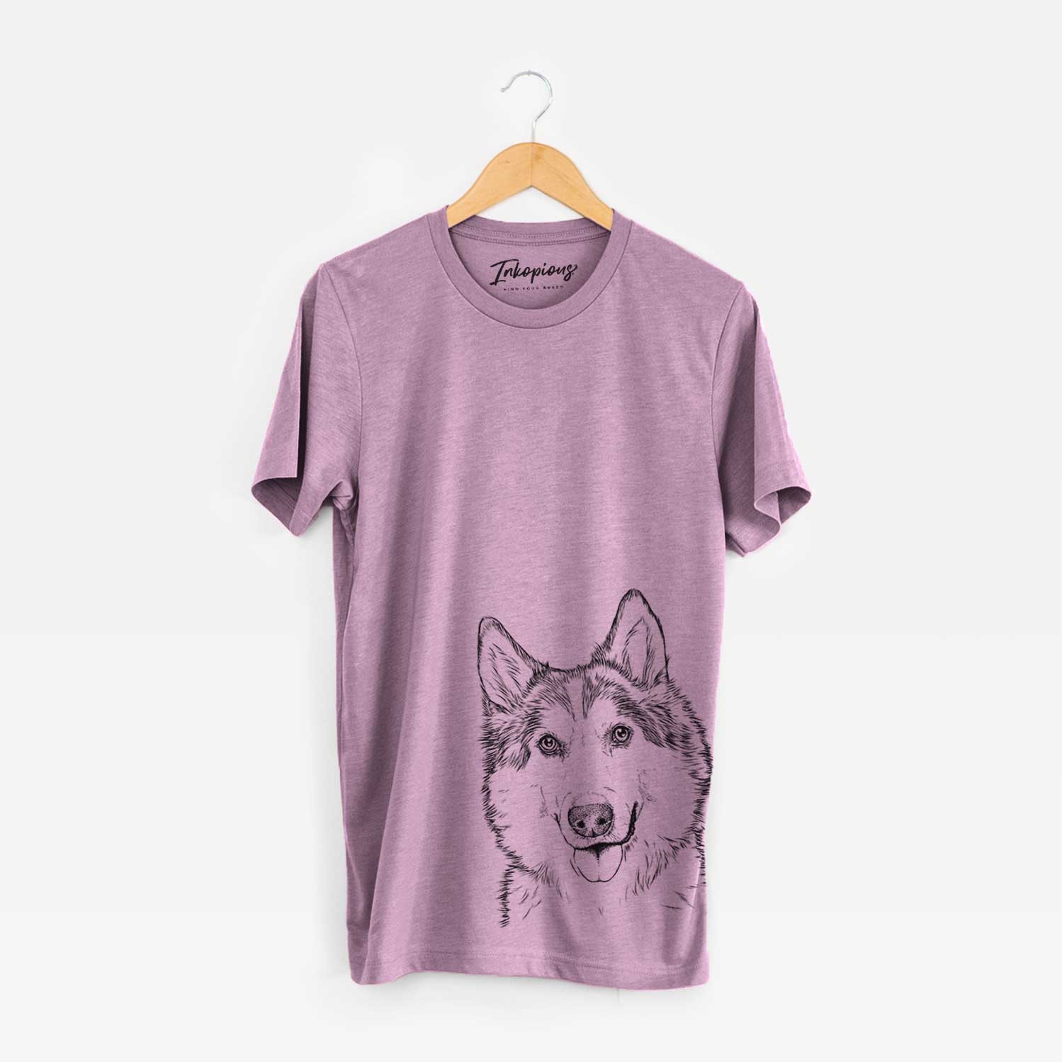 Hand-drawn sketch of Roshi the Mixed Breed on an Orchid Bella Canvas Unisex Crewneck