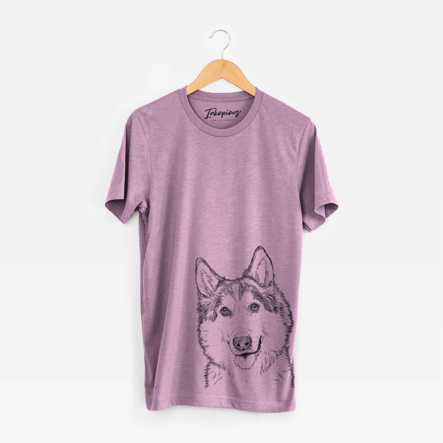 Hand-drawn sketch of Roshi the Mixed Breed on an Orchid Unisex crewneck