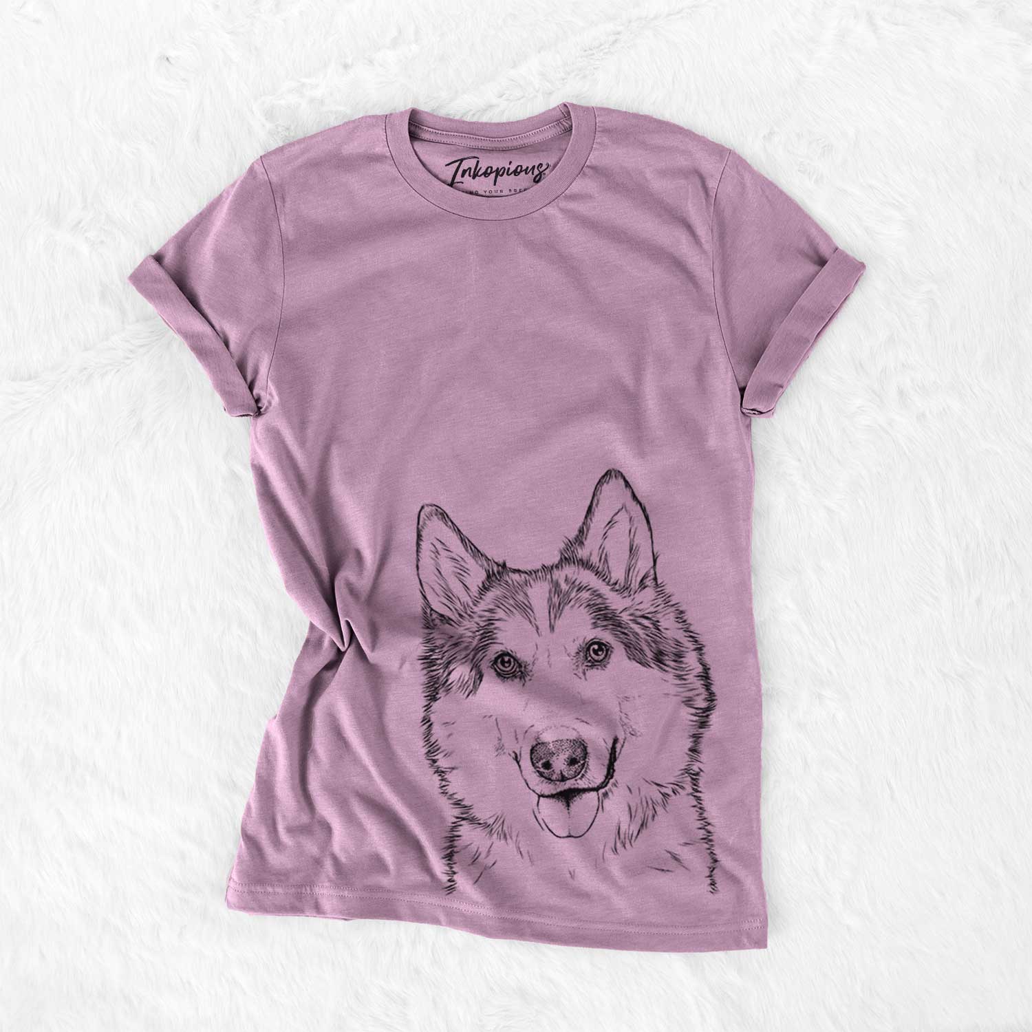 Hand-drawn sketch of Roshi the Mixed Breed on an Orchid Bella Canvas Unisex Crewneck