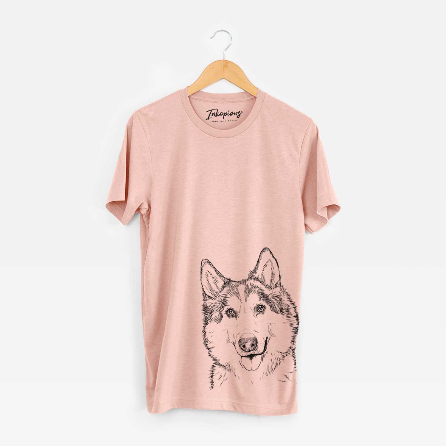 Hand-drawn sketch of Roshi the Mixed Breed on a Peach Bella Canvas Unisex Crewneck