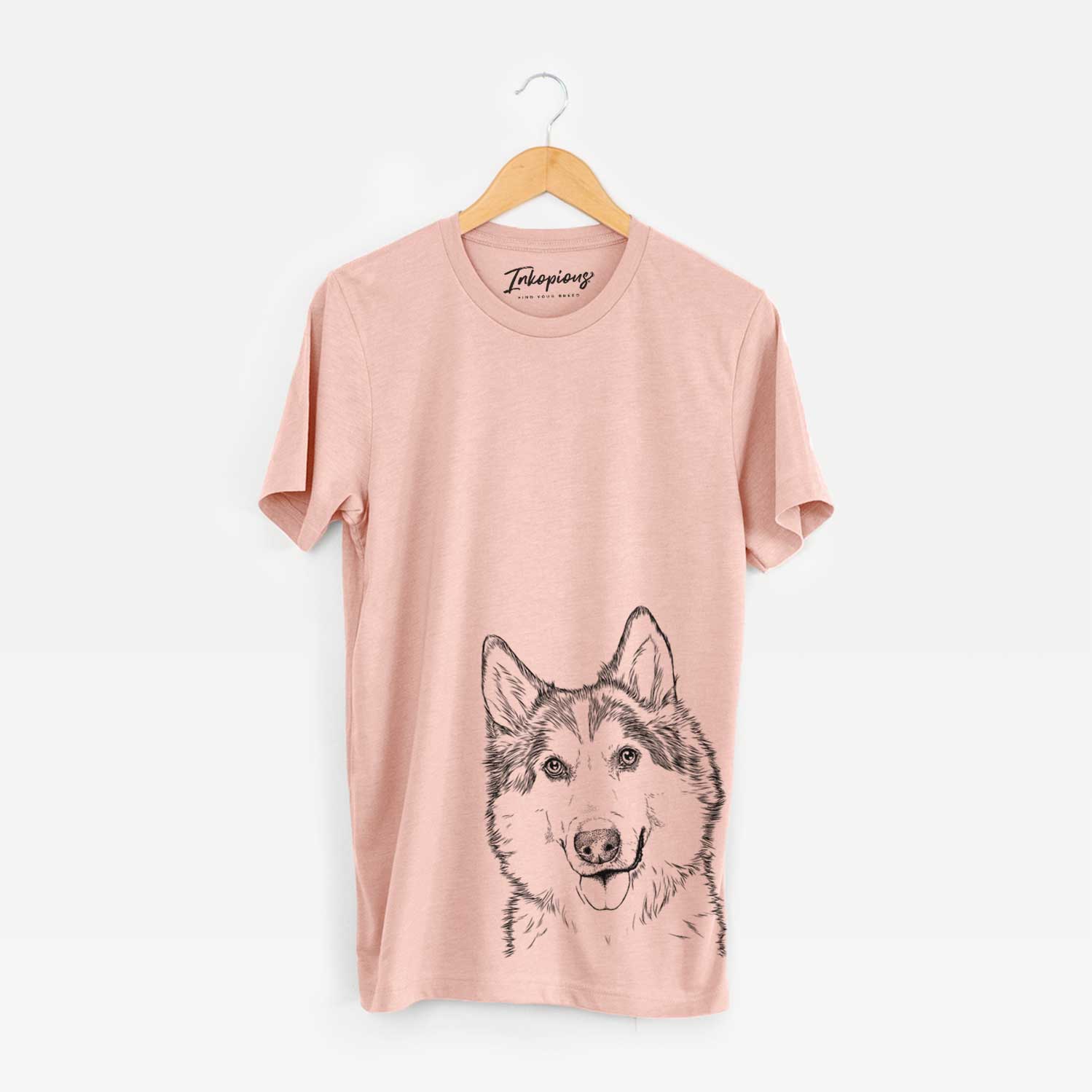 Hand-drawn sketch of Roshi the Mixed Breed on a Peach Unisex crewneck