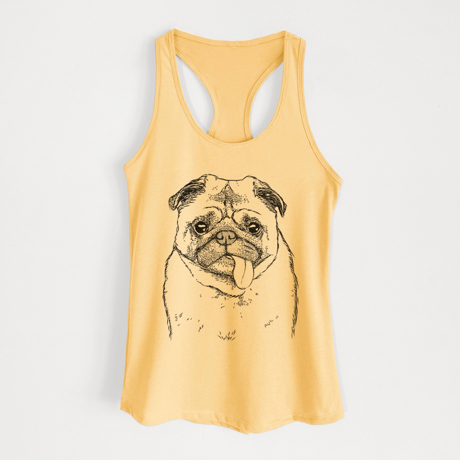 Hand-drawn sketch of Rosie the Pug on a Banana Cream Women's racerback tanktop