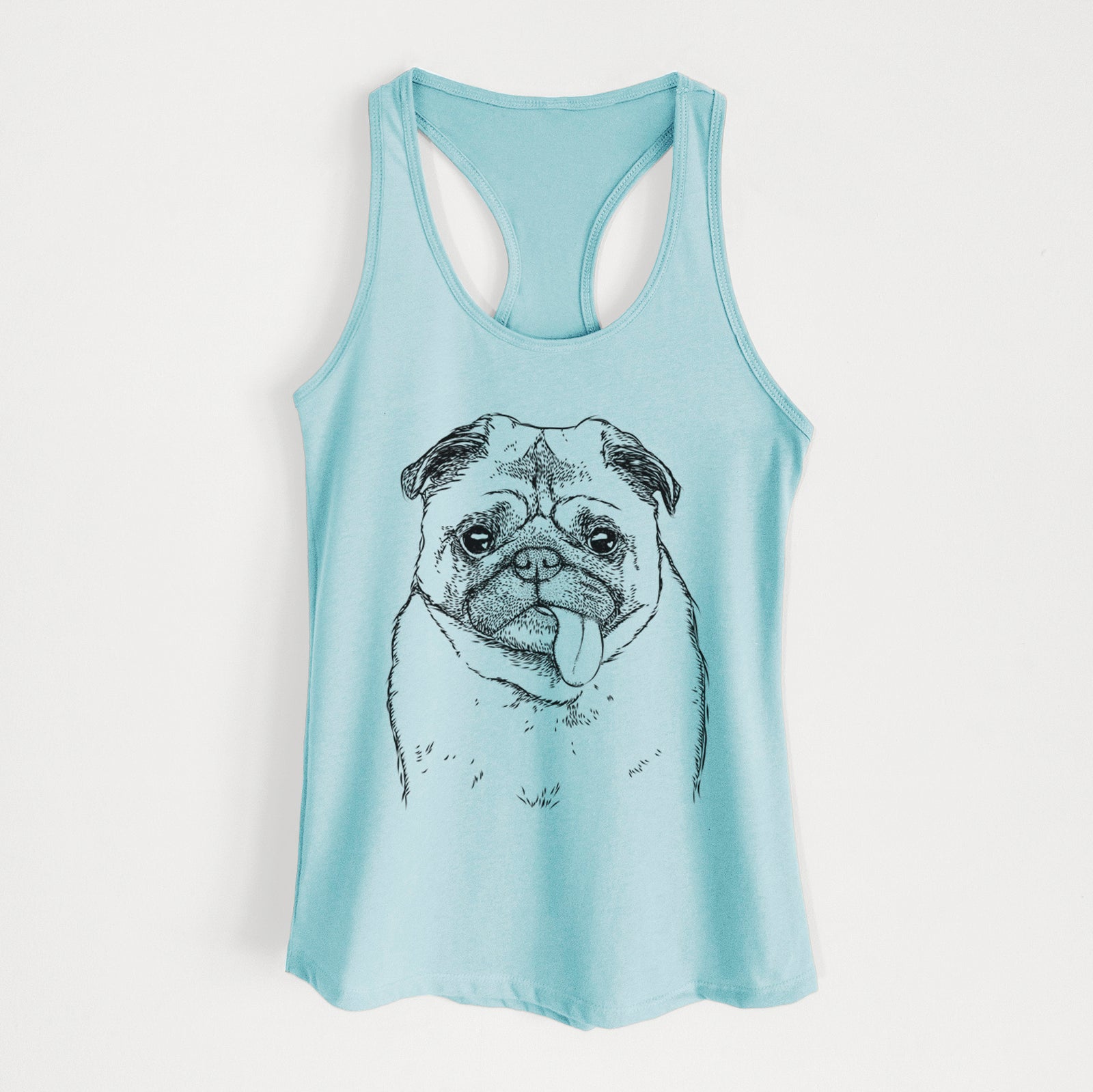 Hand-drawn sketch of Rosie the Pug on a Cancun Blue Women's racerback tanktop