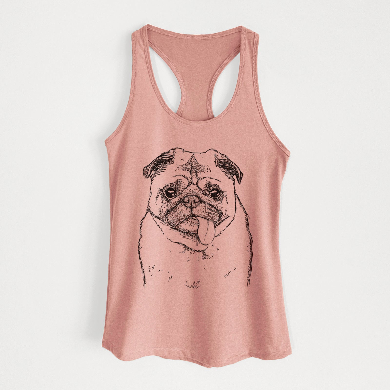Hand-drawn sketch of Rosie the Pug on a Desert Pink Women's racerback tanktop