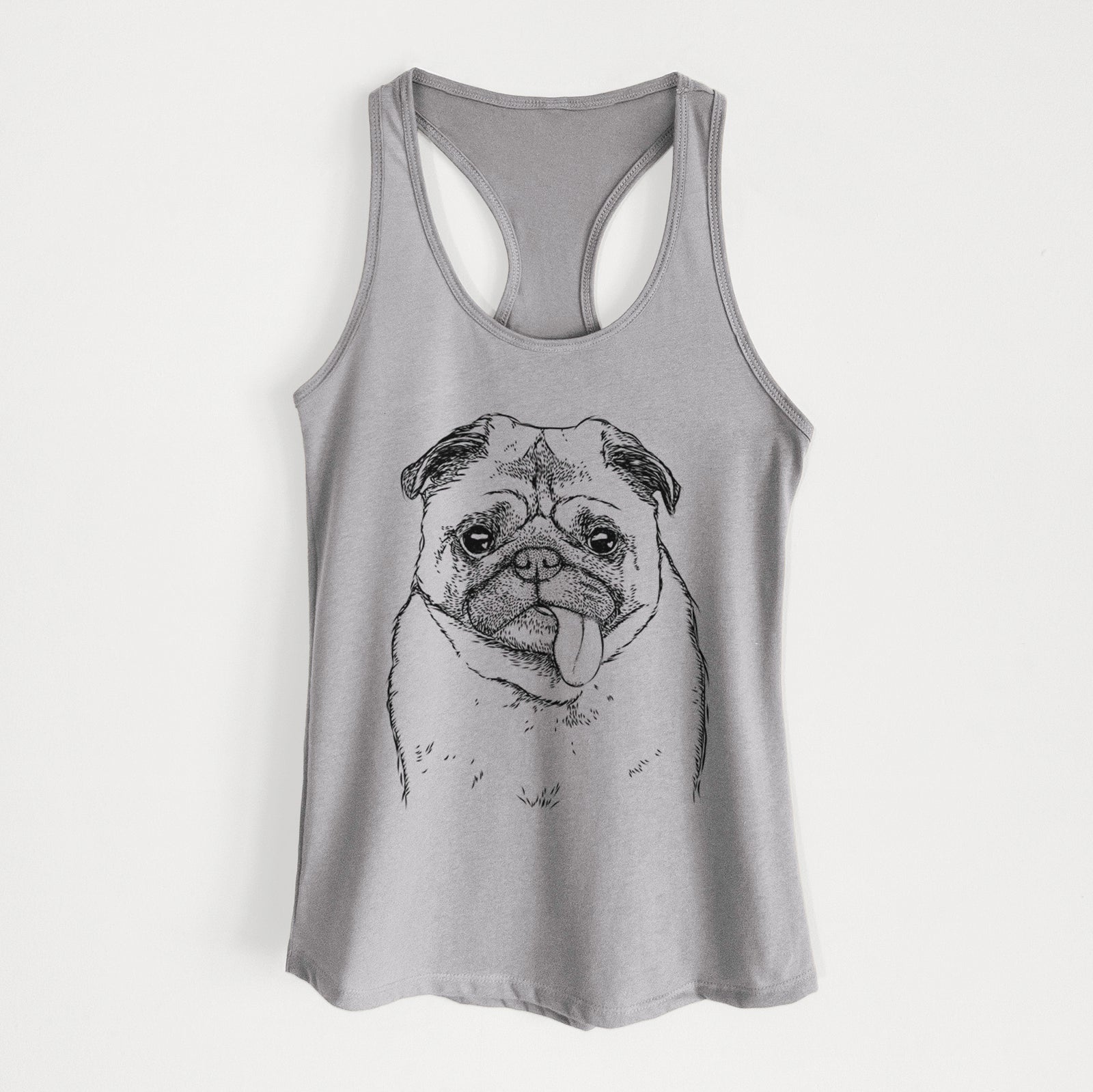 Hand-drawn sketch of Rosie the Pug on a Heather Grey Women's racerback tanktop