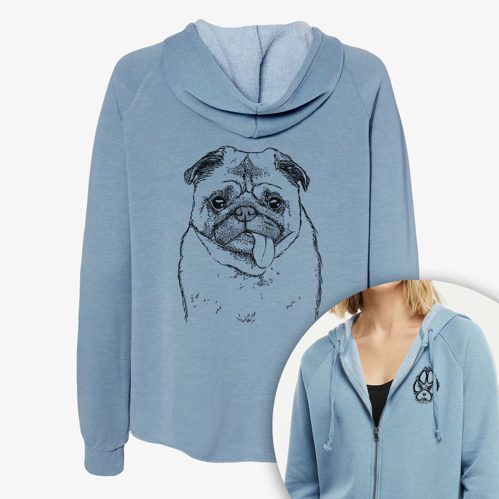 Hand-drawn sketch of Rosie the Pug on a Women's cali wave zip-up sweatshirt, shown with icons of the other available costume styles