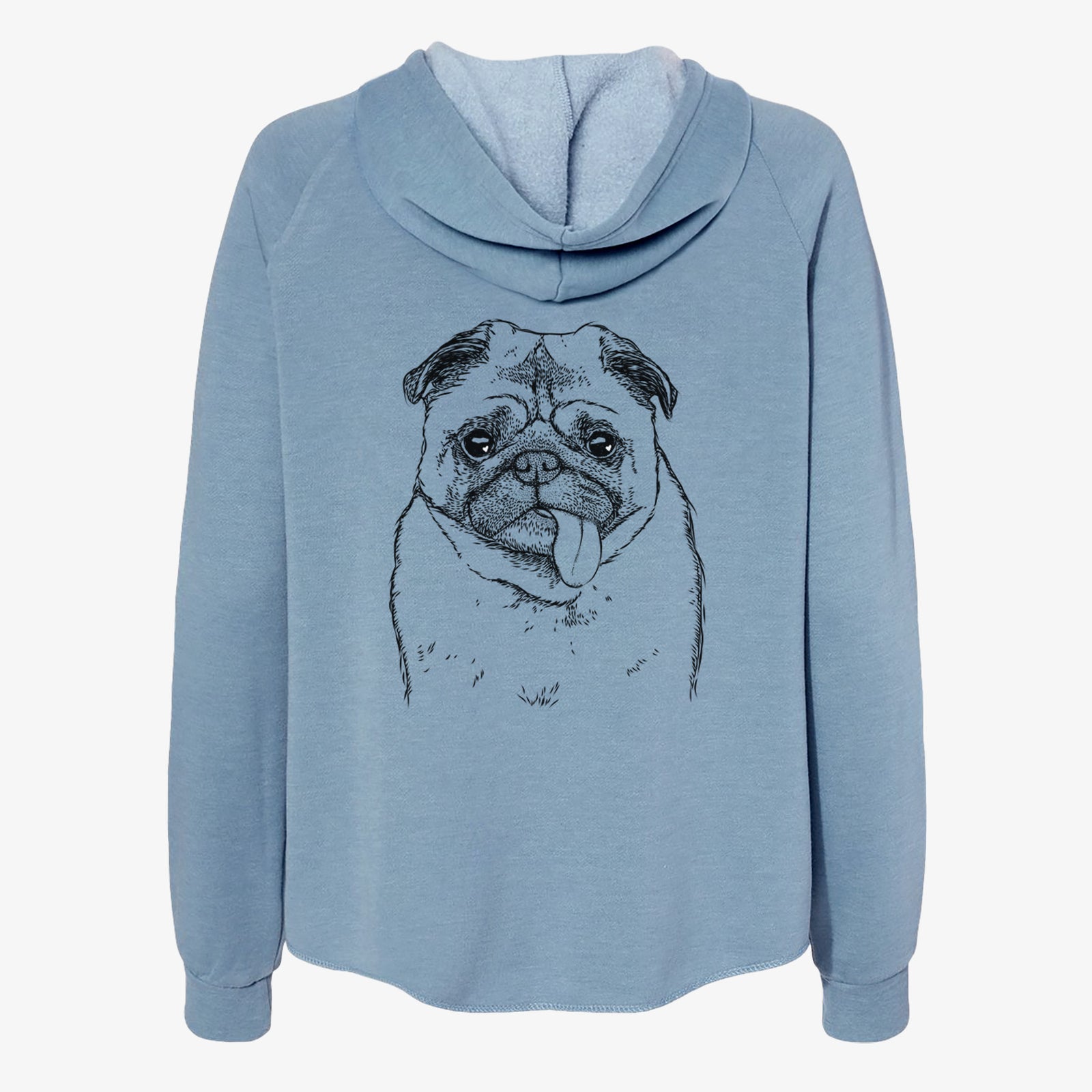 Hand-drawn sketch of Rosie the Pug on a Misty Blue Women's cali wave zip-up sweatshirt