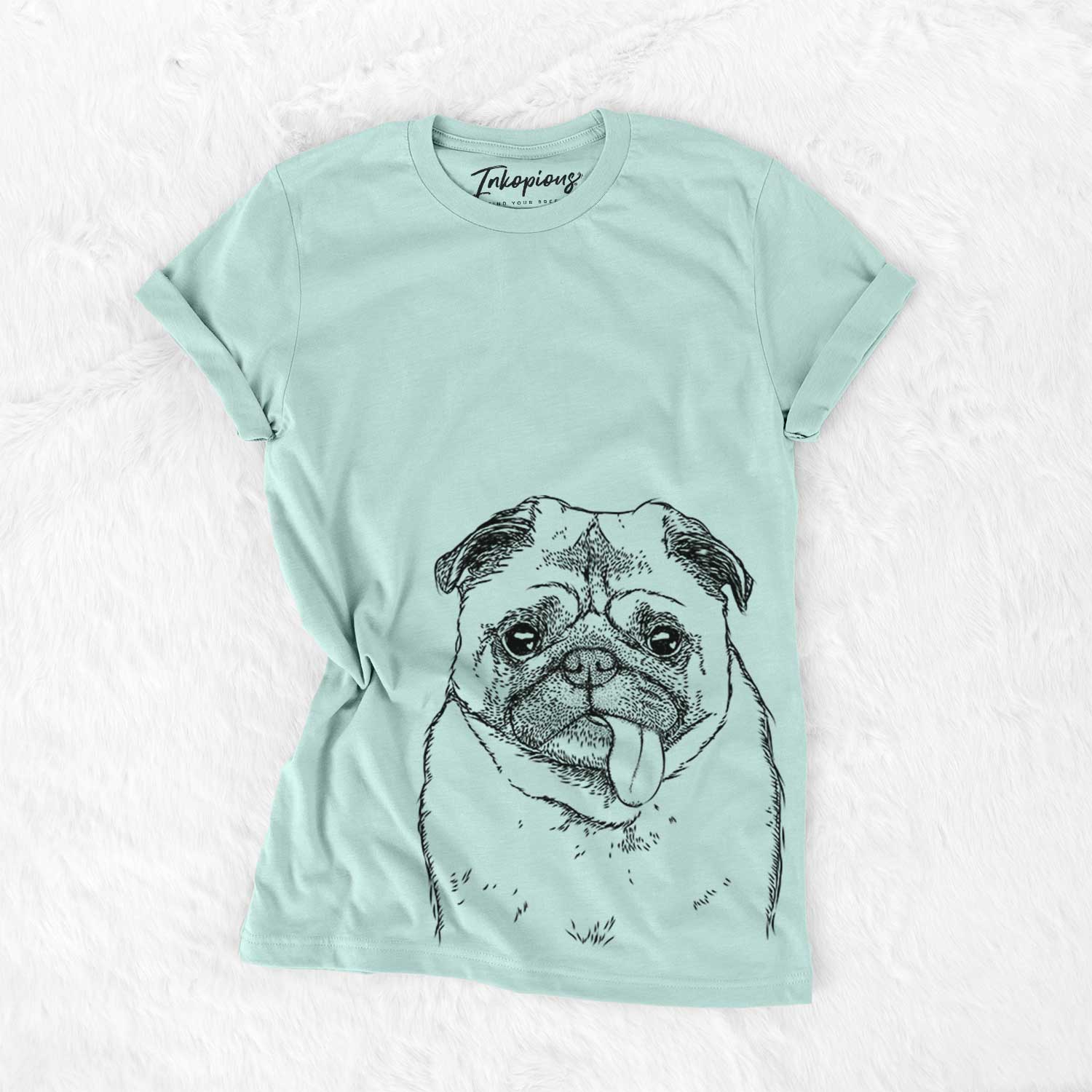 Hand-drawn sketch of Rosie the Pug on a Heather Sage Bella Canvas Unisex Crewneck