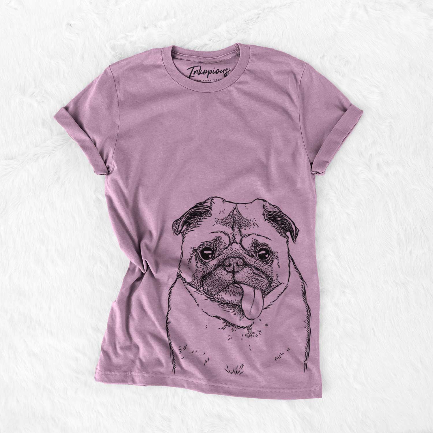 Hand-drawn sketch of Rosie the Pug on an Orchid Bella Canvas Unisex Crewneck