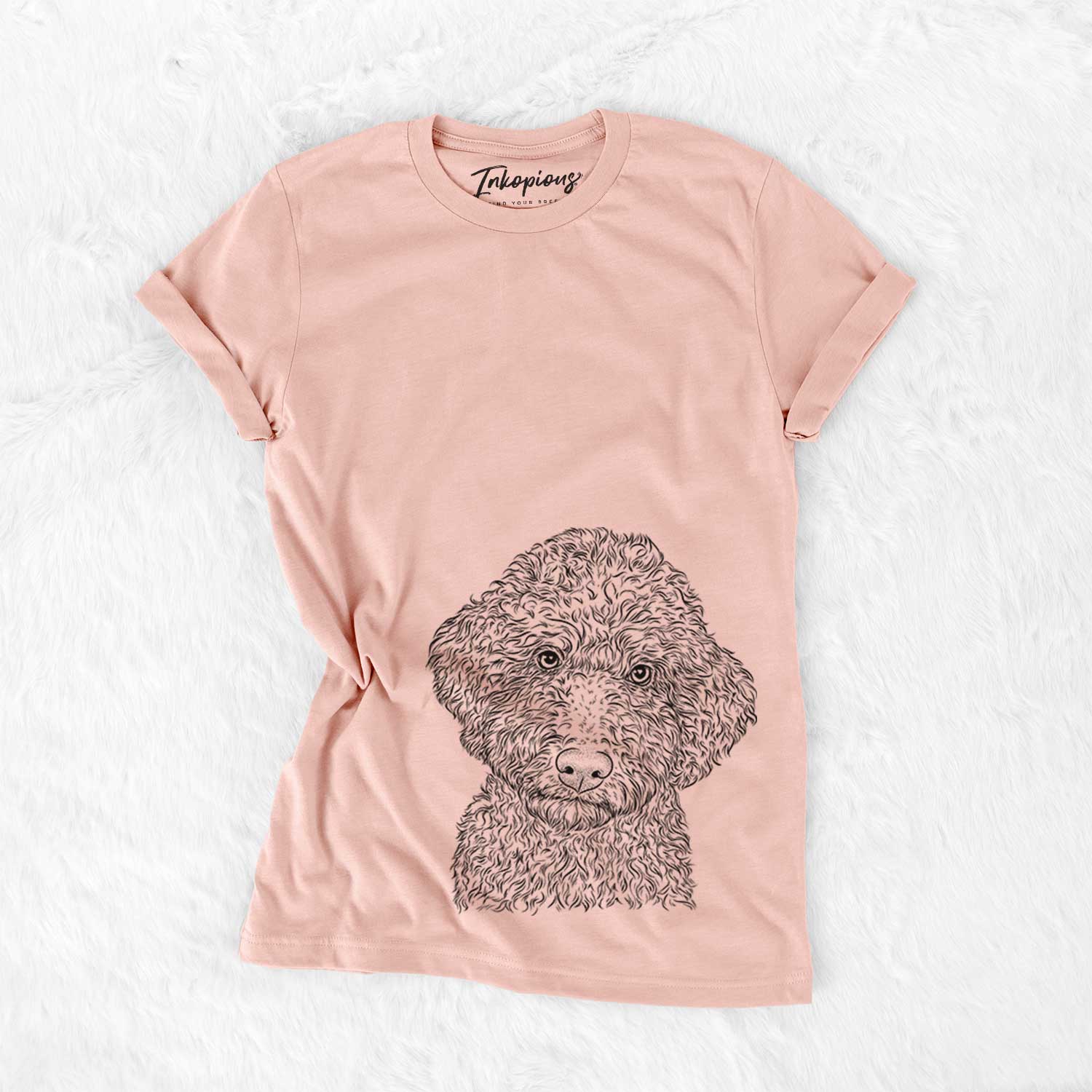 Hand-drawn sketch of Ross the Lagotto Romagnolo on a Peach Bella Canvas Unisex Crewneck