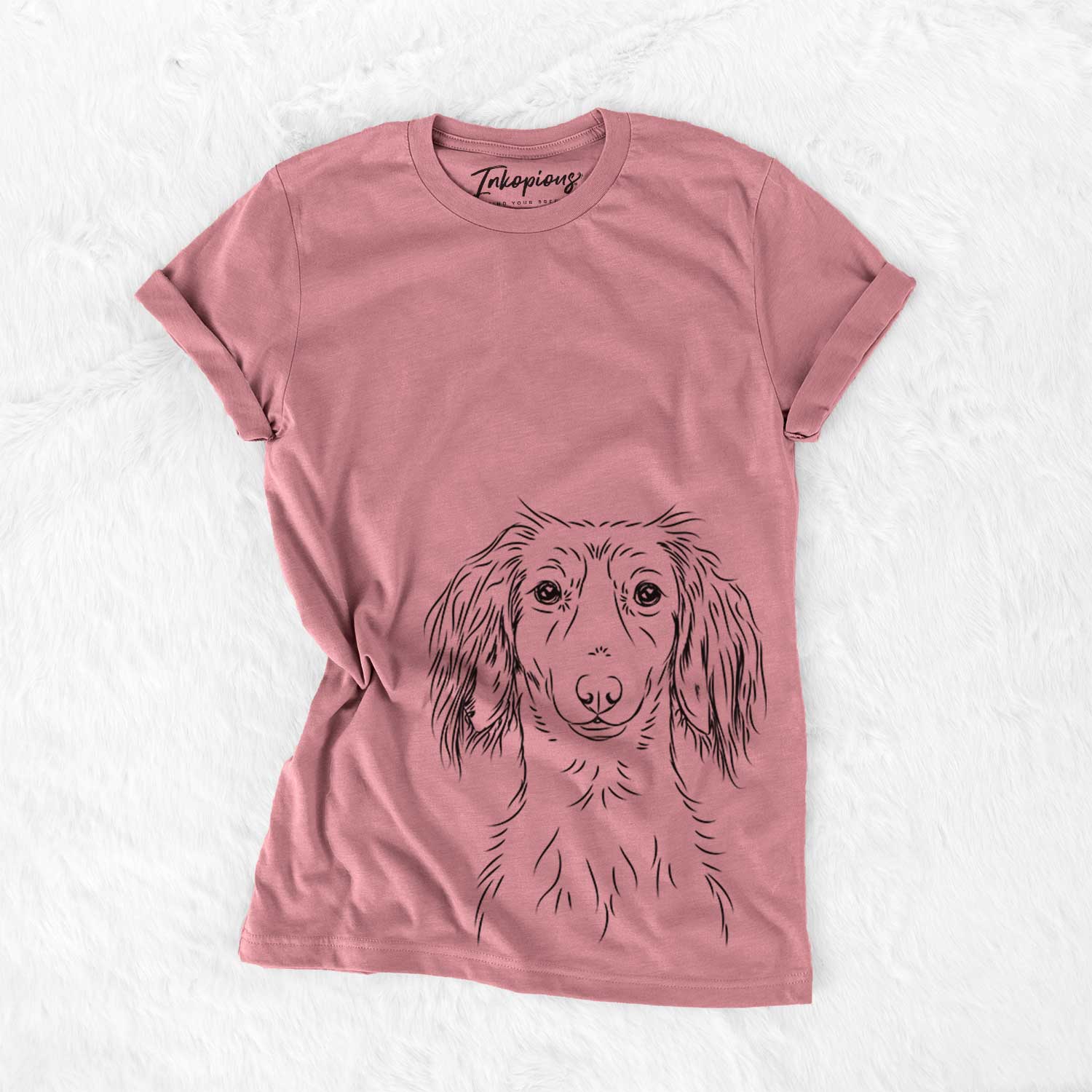Hand-drawn sketch of Roux the Long Haired Dachshund on a Mauve Bella Canvas Unisex Crewneck