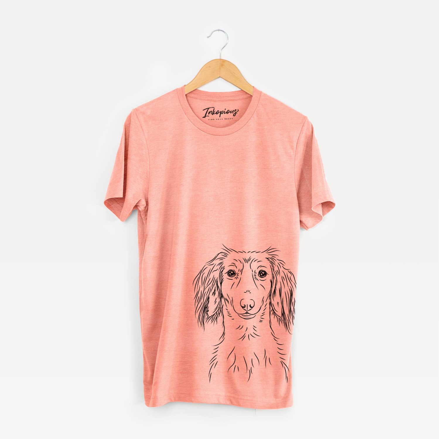 Hand-drawn sketch of Roux the Long Haired Dachshund on a Sunset Bella Canvas Unisex Crewneck
