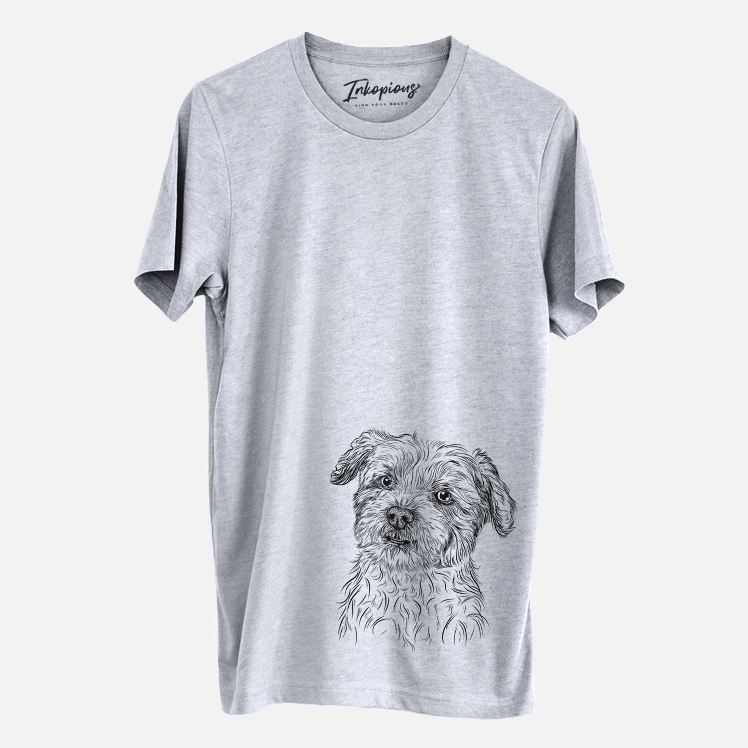 Hand-drawn sketch of Roxie the Schnauzer Shih Tzu Mix on a Grey Unisex crewneck