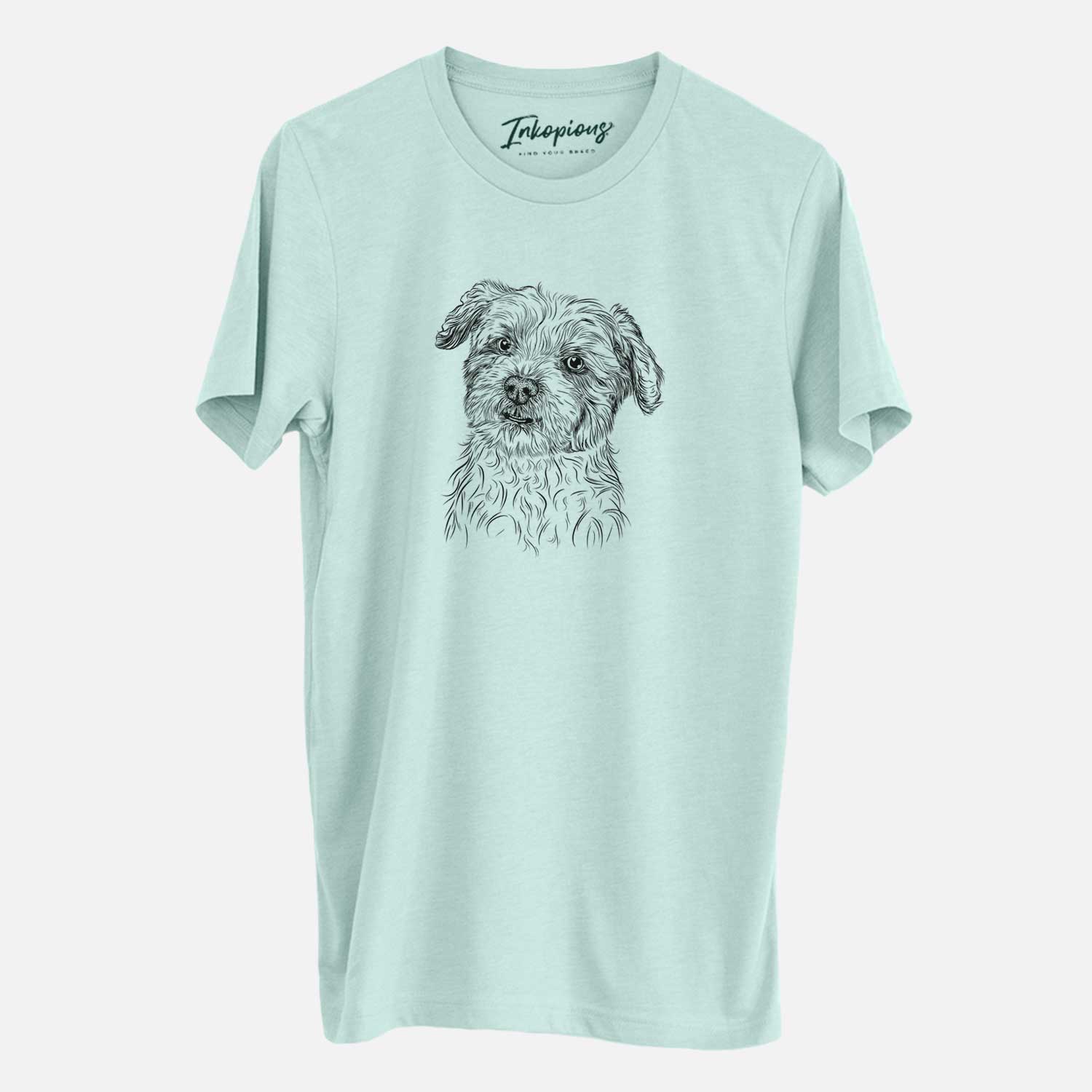 Hand-drawn sketch of Roxie the Schnauzer Shih Tzu Mix on a Heather Sage Unisex crewneck