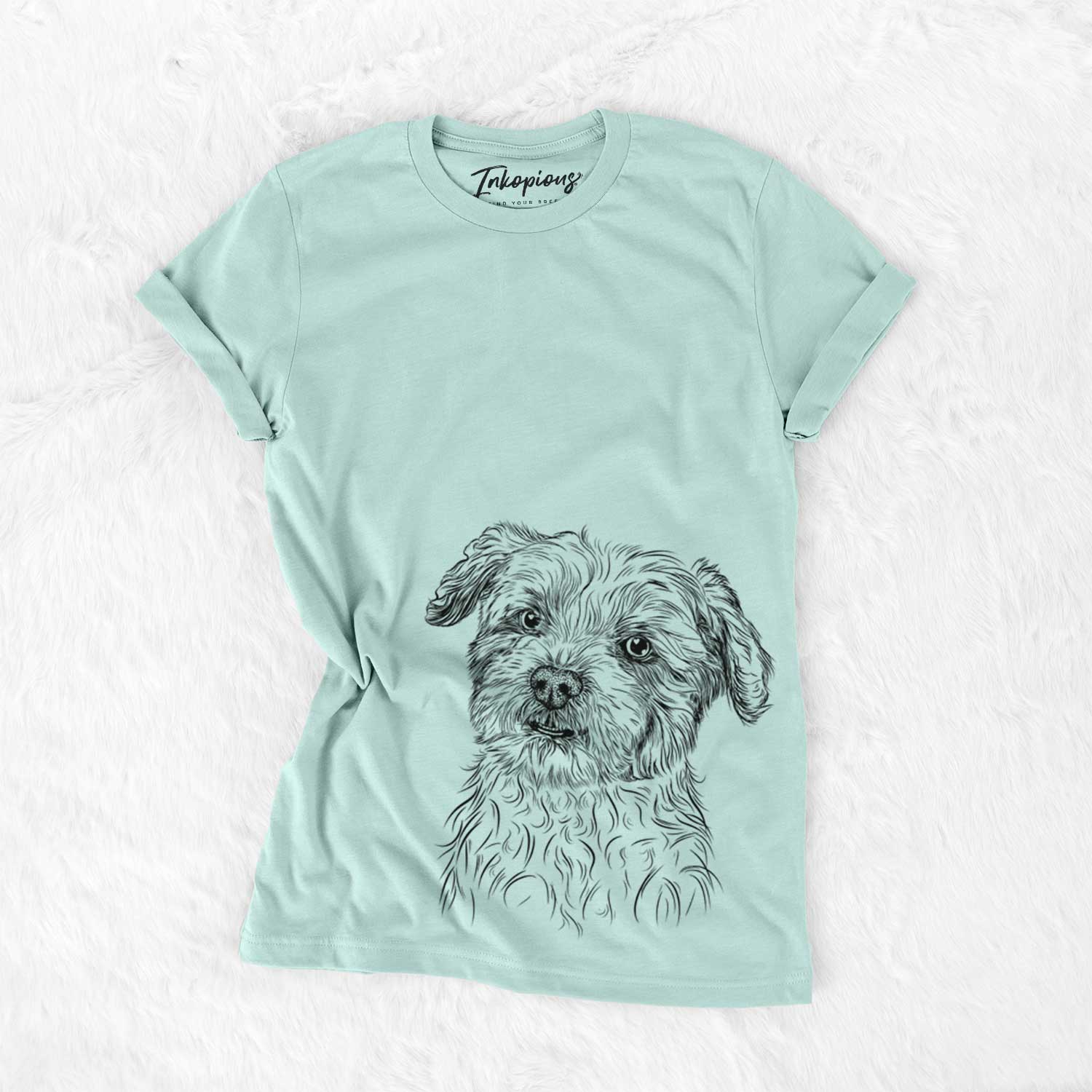 Hand-drawn sketch of Roxie the Schnauzer Shih Tzu Mix on a Heather Sage Unisex crewneck
