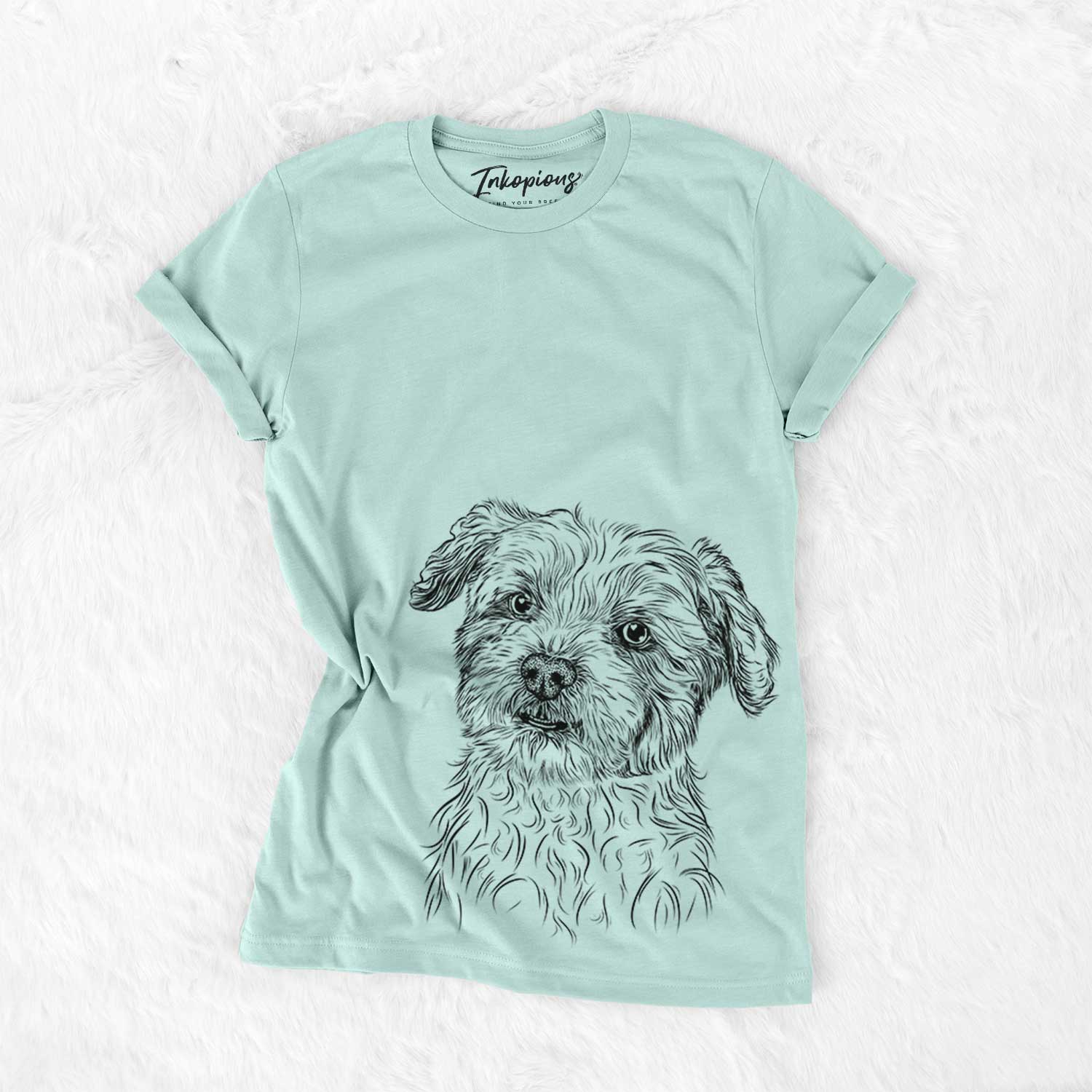 Hand-drawn sketch of Roxie the Schnauzer Shih Tzu Mix on a Heather Sage Bella Canvas Unisex Crewneck