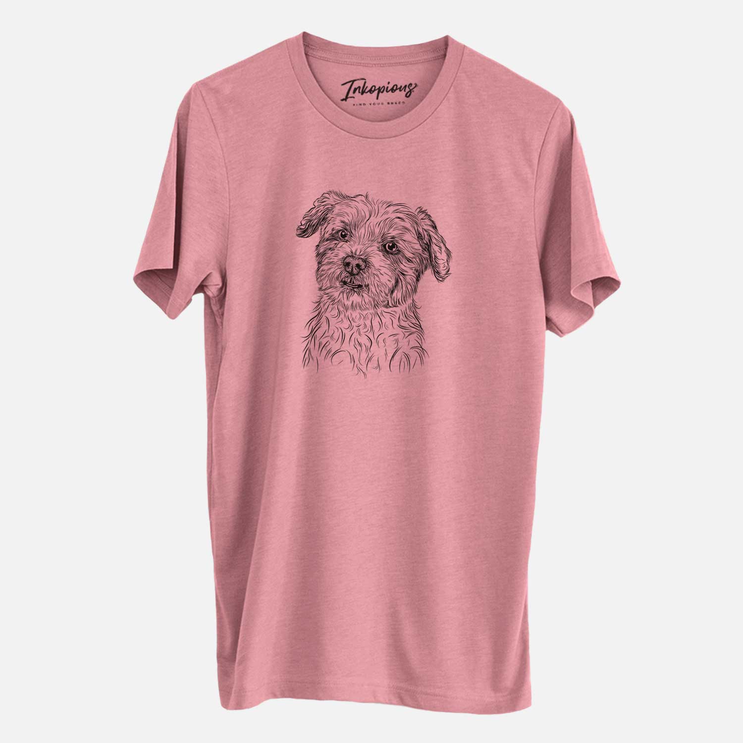 Hand-drawn sketch of Roxie the Schnauzer Shih Tzu Mix on a Mauve Unisex crewneck