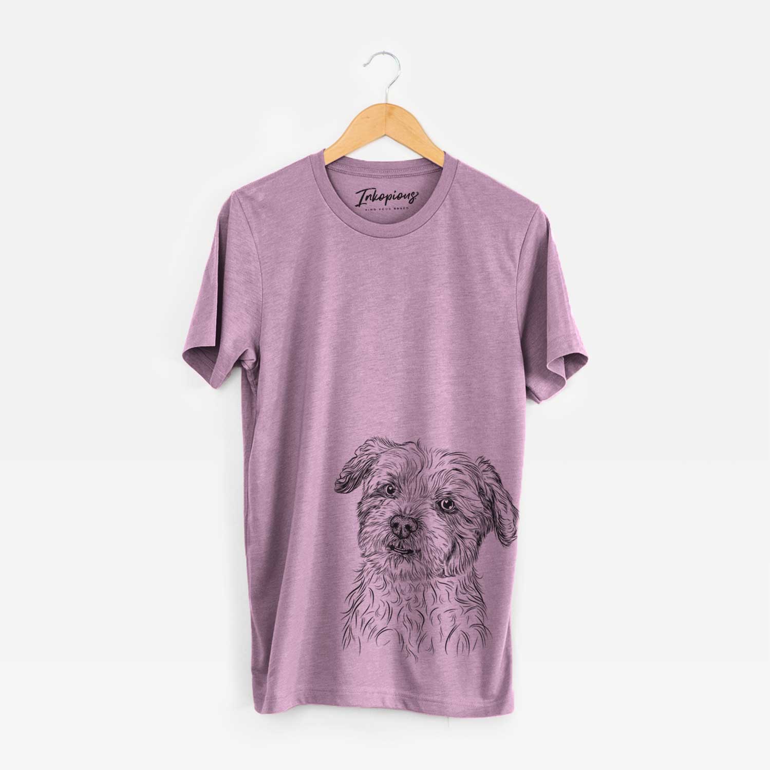 Hand-drawn sketch of Roxie the Schnauzer Shih Tzu Mix on an Orchid Unisex crewneck