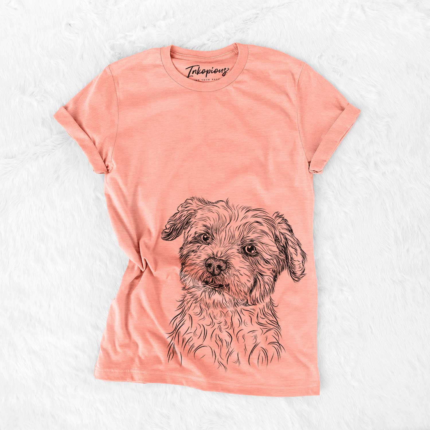 Hand-drawn sketch of Roxie the Schnauzer Shih Tzu Mix on a Sunset Bella Canvas Unisex Crewneck