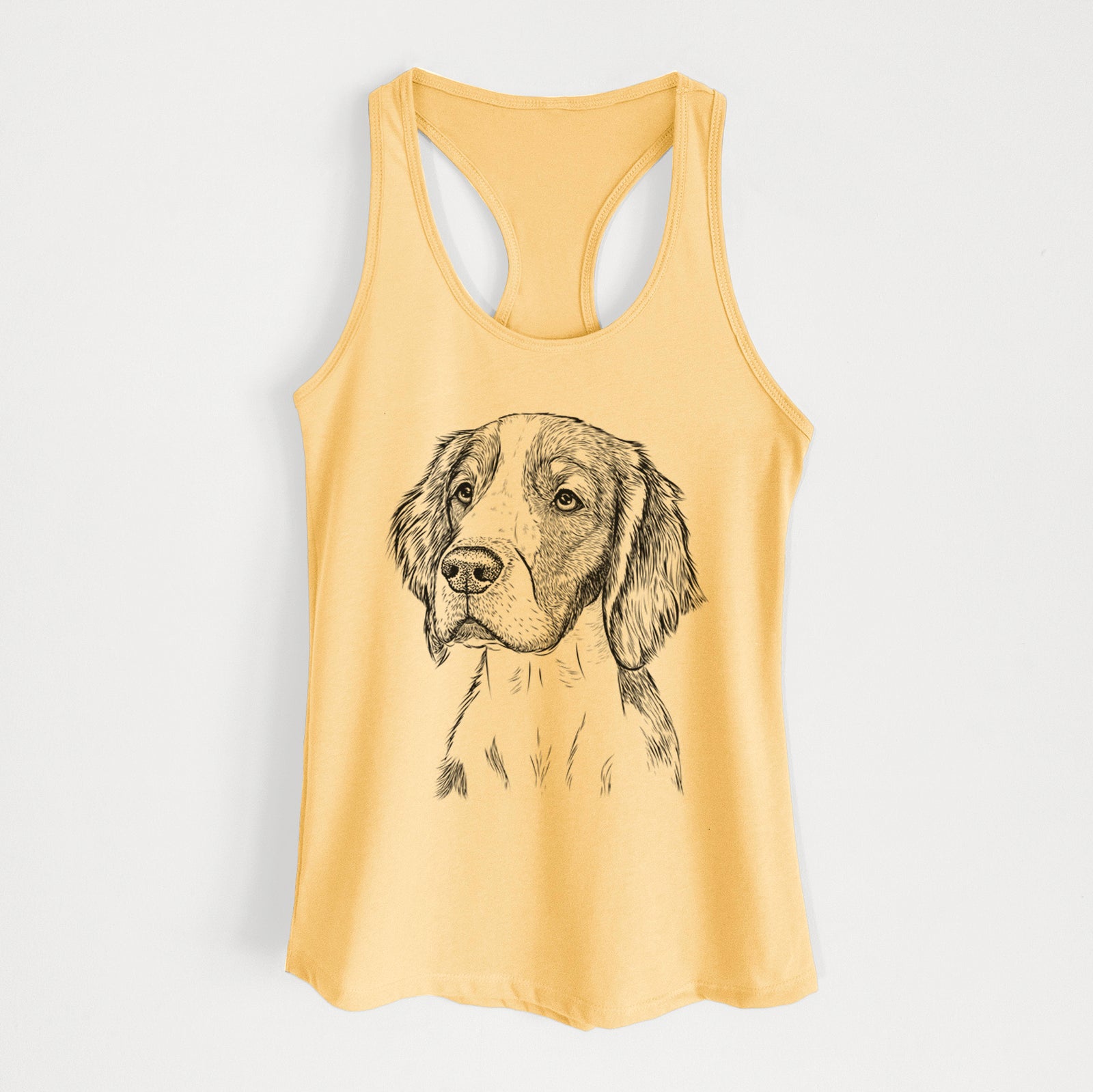 Hand-drawn sketch of Roxy the Welsh Springer Spaniel on a Banana Cream Women's racerback tanktop