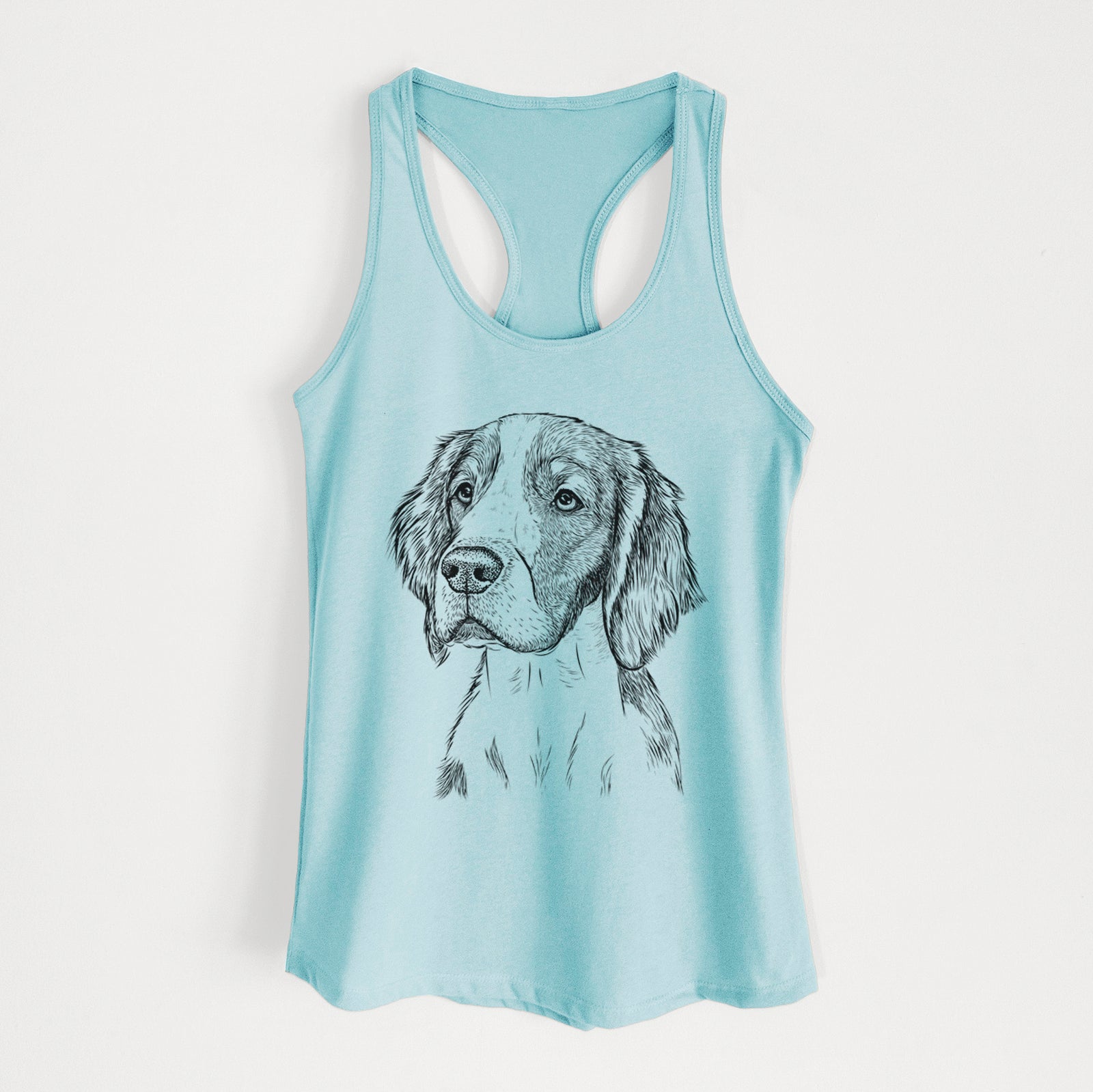 Hand-drawn sketch of Roxy the Welsh Springer Spaniel on a Cancun Blue Women's racerback tanktop