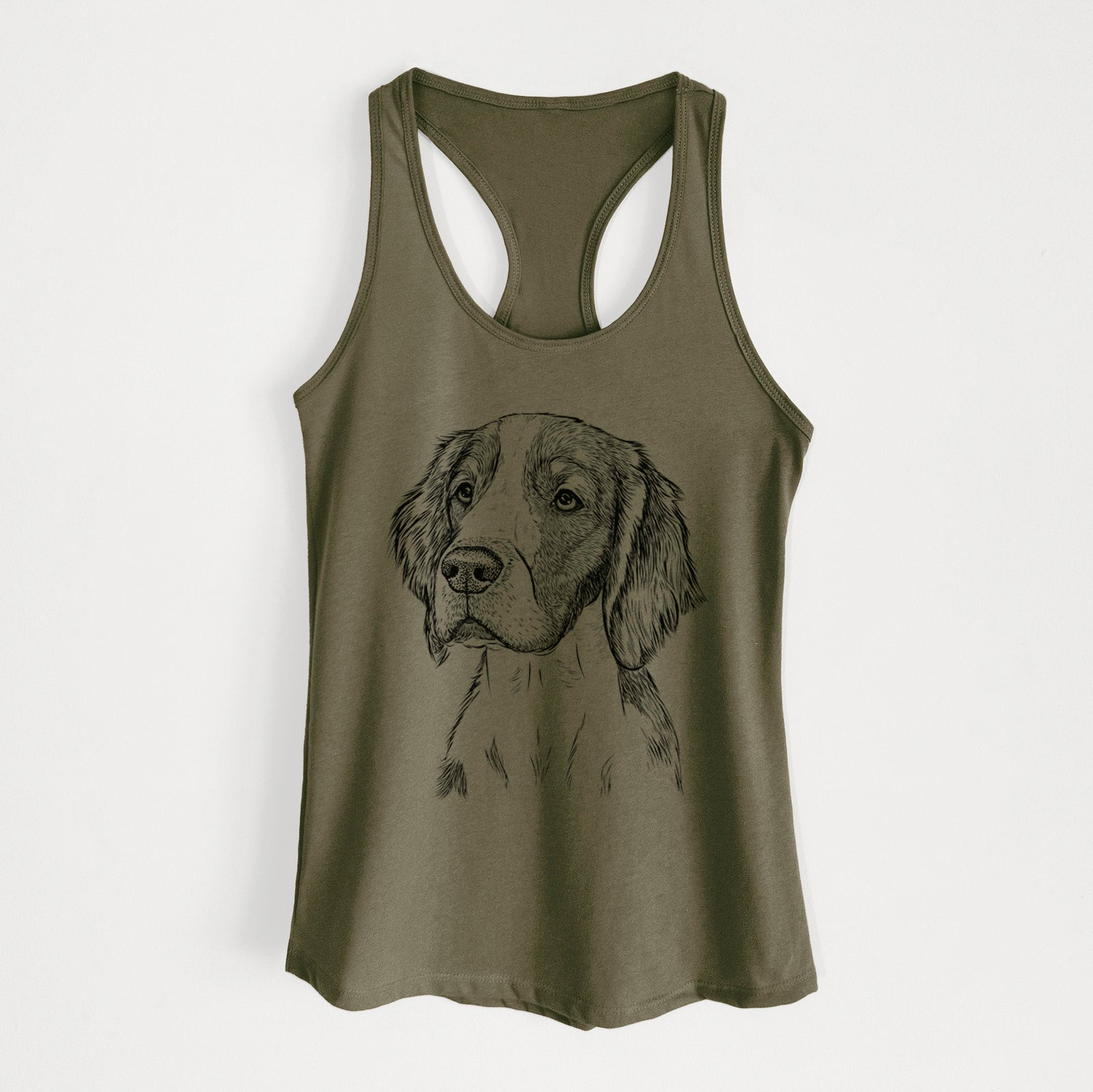 Hand-drawn sketch of Roxy the Welsh Springer Spaniel on a Military Green Women's racerback tanktop