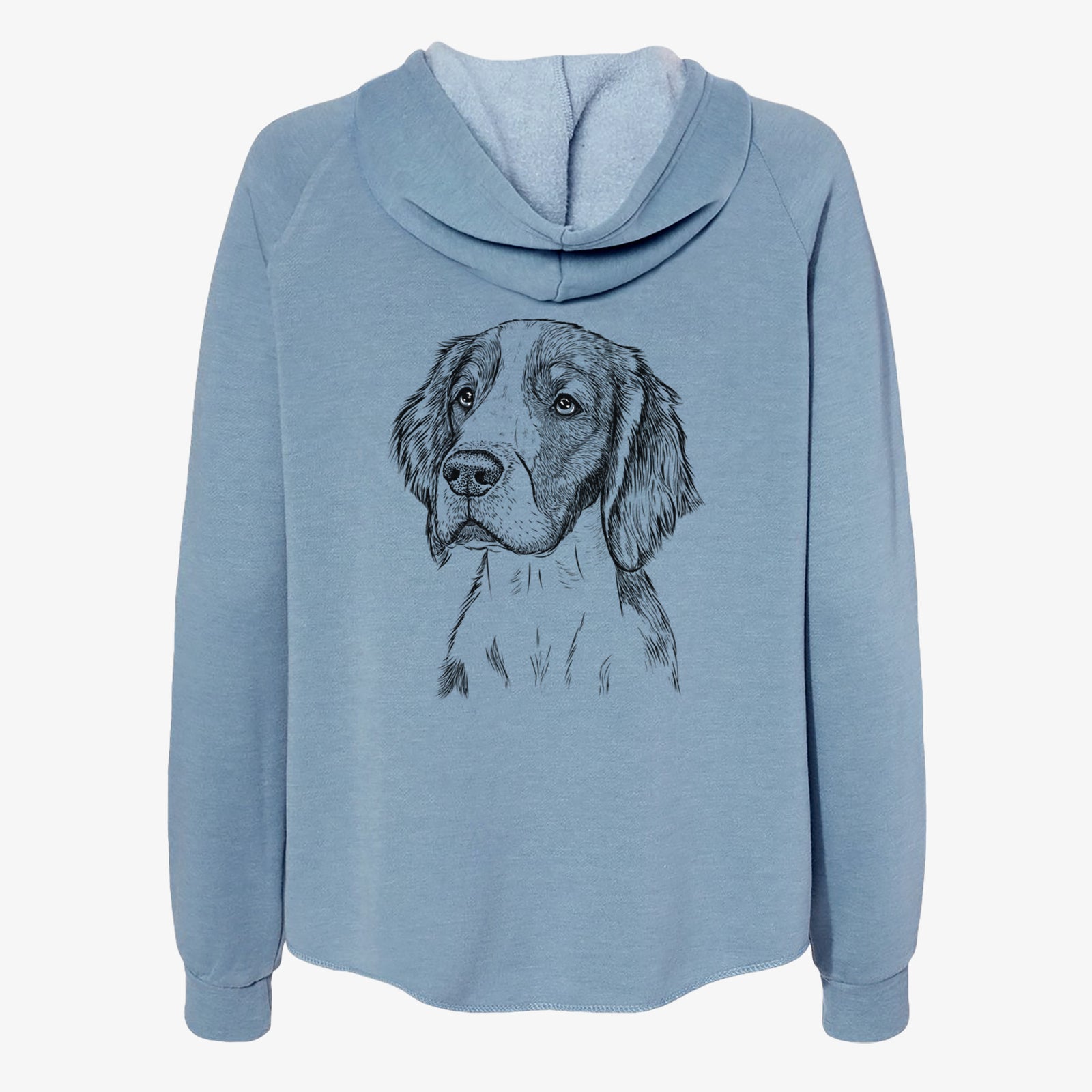 Hand-drawn sketch of Roxy the Welsh Springer Spaniel on a Misty Blue Women's cali wave zip-up sweatshirt