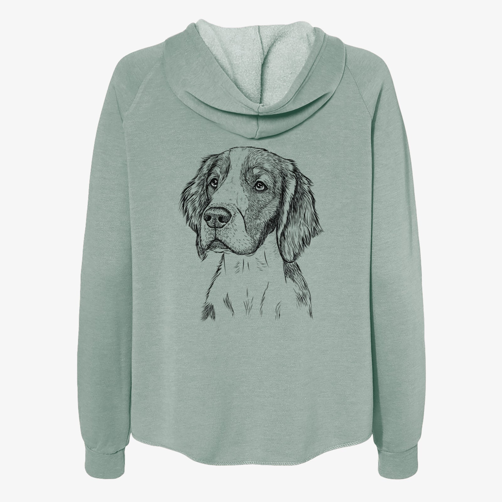 Hand-drawn sketch of Roxy the Welsh Springer Spaniel on a Sage Women's cali wave zip-up sweatshirt