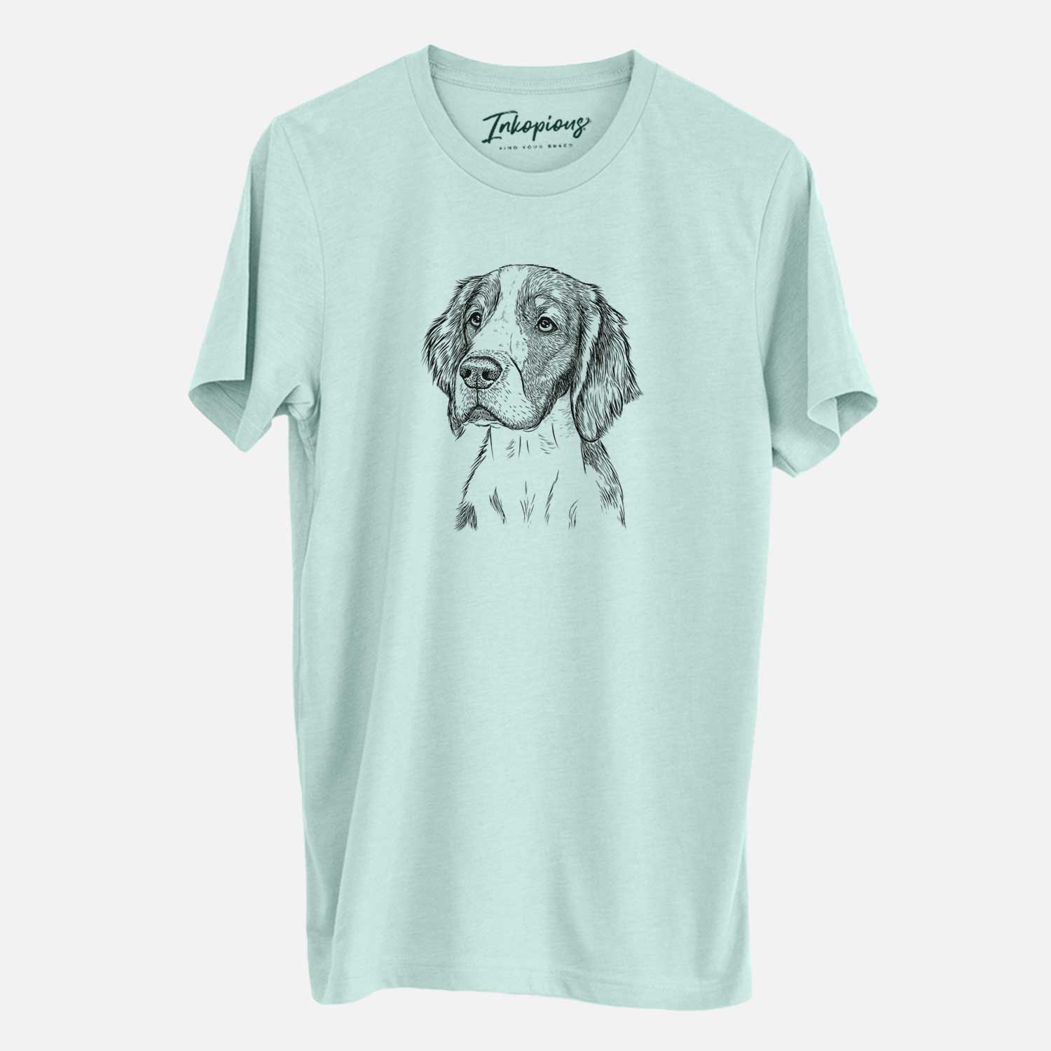 Hand-drawn sketch of Roxy the Welsh Springer Spaniel on a Heather Sage Unisex crewneck