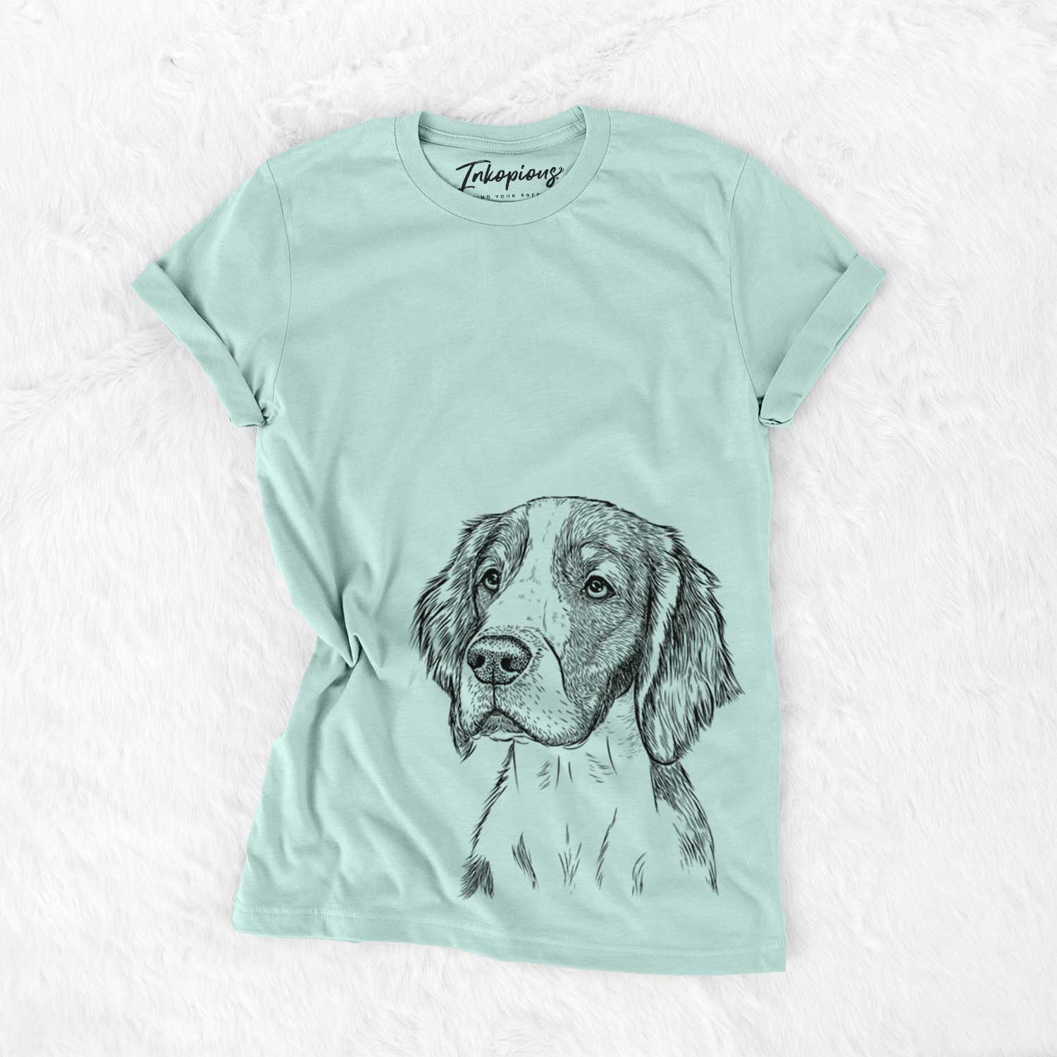 Hand-drawn sketch of Roxy the Welsh Springer Spaniel on a Heather Sage Unisex crewneck