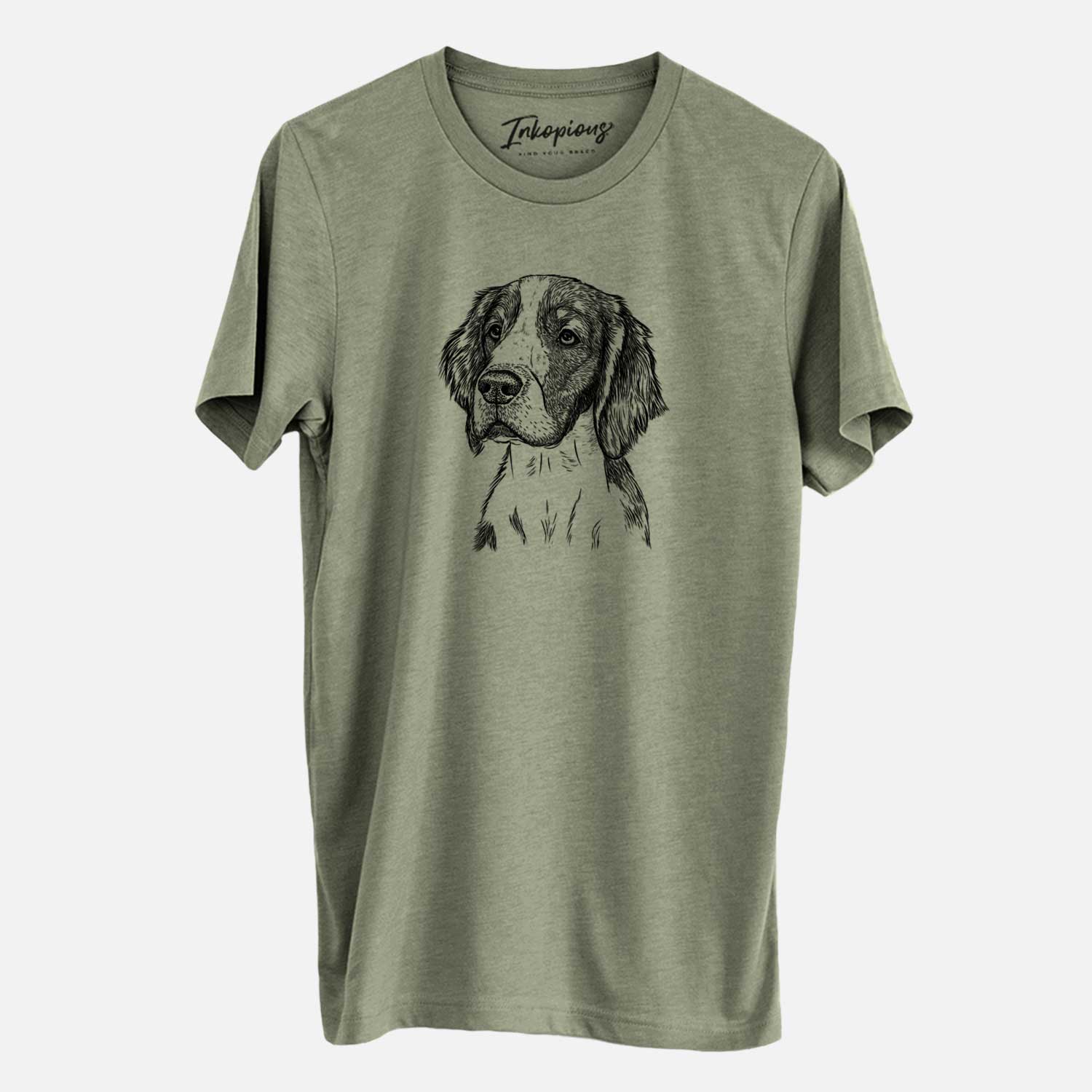 Hand-drawn sketch of Roxy the Welsh Springer Spaniel on an Olive Unisex crewneck