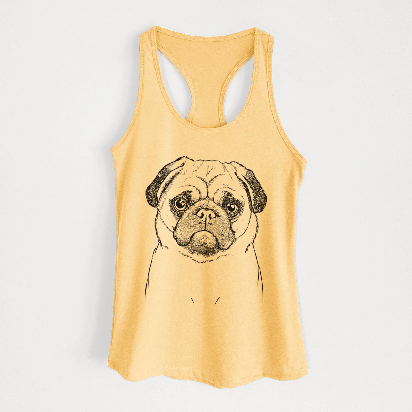 Hand-drawn sketch of Ruby the Pug on a Banana Cream Women's racerback tanktop